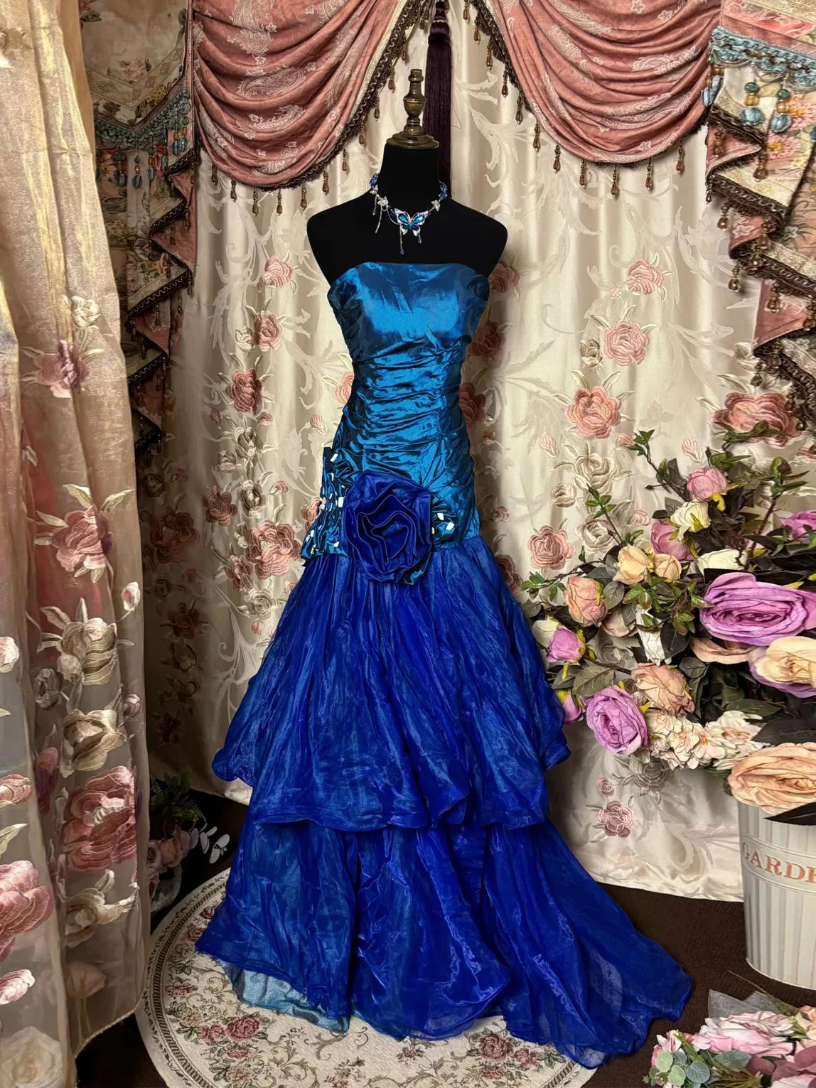 A-Line/Princess Strapless Sleeveless Floor-Length Taffeta Unique Lace Prom Dresses with Ruffles & Flowers - Image 2