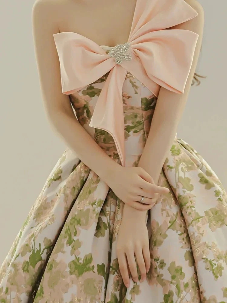 A-Line/Princess Strapless Sleeveless Pleated Printed Floral Evening Dresses with Bow & Jewel Appliques - Image 4