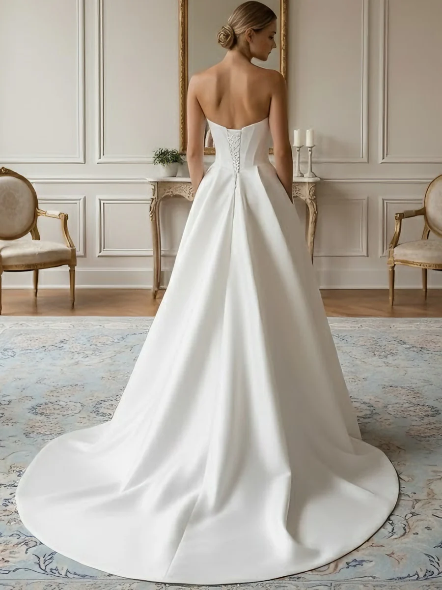 A-Line/Princess Strapless Wedding Dress Satin Floor-Length Sweep Train - Image 2