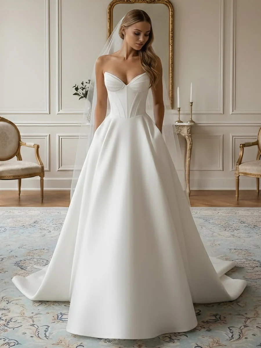 A-Line/Princess Strapless Wedding Dress Satin Floor-Length Sweep Train - Image 3