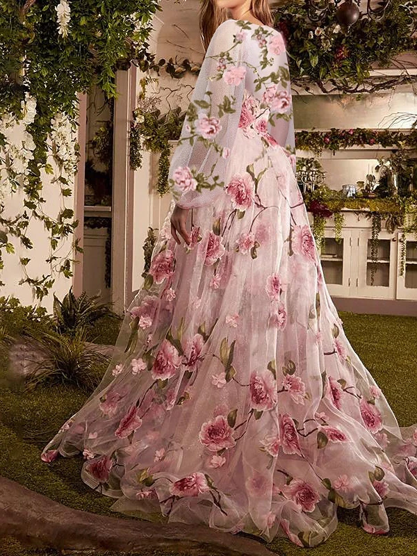 A-Line/Princess Sweep/Brush Train Long Sleeves Evening Dresses with Floral Print - Image 2