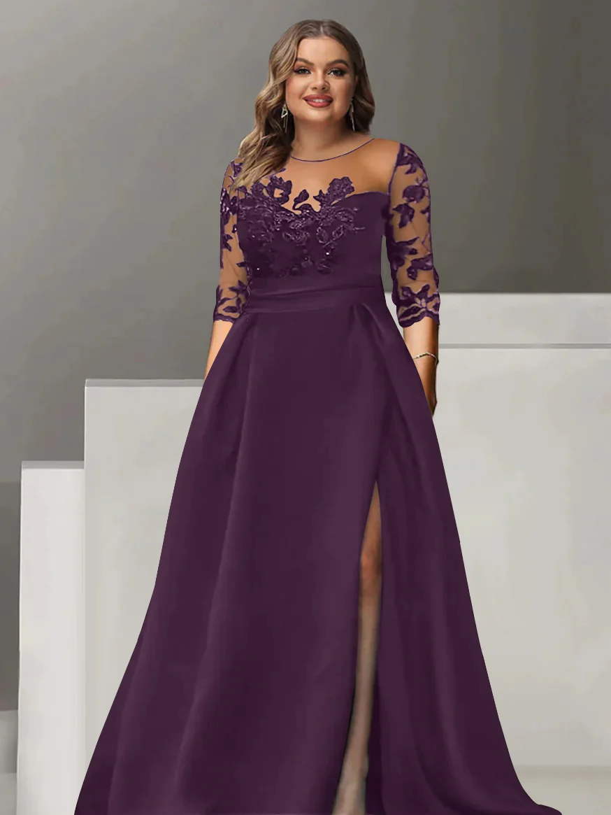 A-Line/Princess Sweetheart 3/4 Sleeves Floor-Length Plus Size Mother Of The Bride Dresses With Lace & Split Side - Image 14