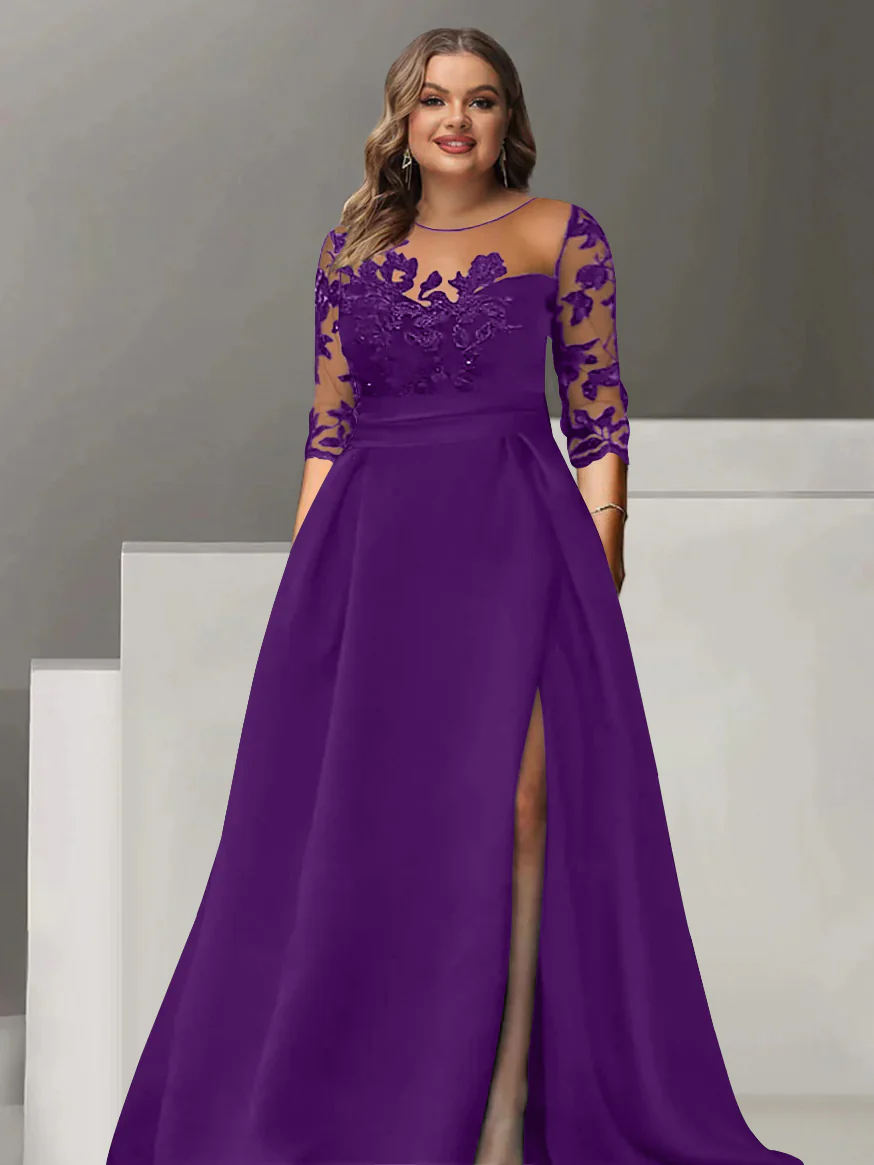 A-Line/Princess Sweetheart 3/4 Sleeves Floor-Length Plus Size Mother Of The Bride Dresses With Lace & Split Side - Image 20