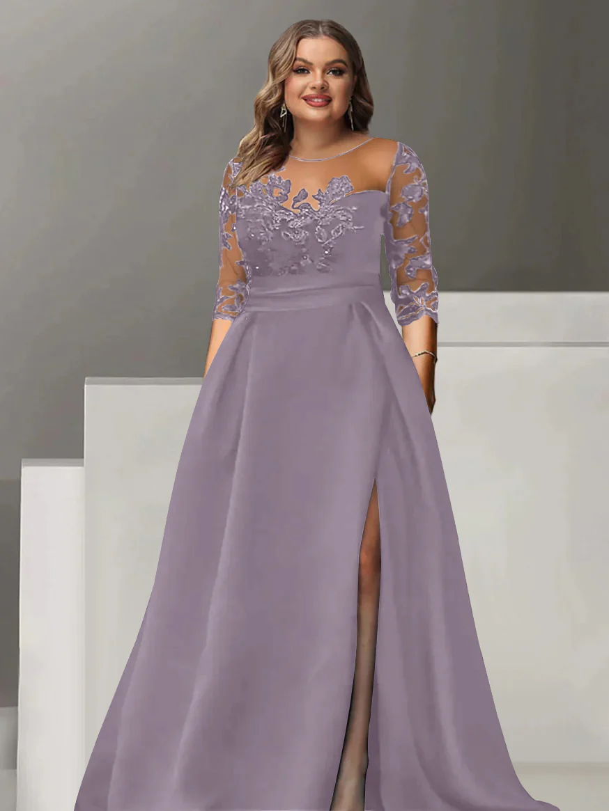 A-Line/Princess Sweetheart 3/4 Sleeves Floor-Length Plus Size Mother Of The Bride Dresses With Lace & Split Side - Image 26