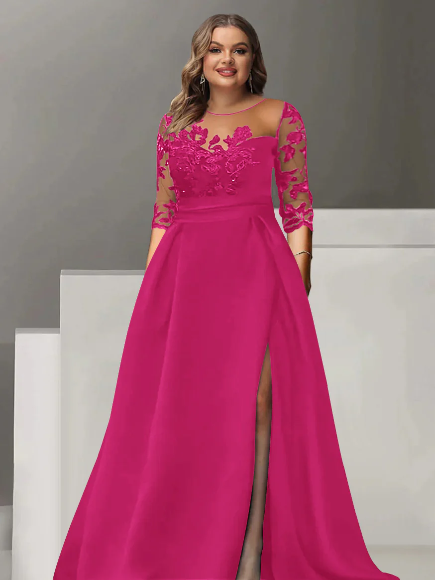 A-Line/Princess Sweetheart 3/4 Sleeves Floor-Length Plus Size Mother Of The Bride Dresses With Lace & Split Side - Image 36
