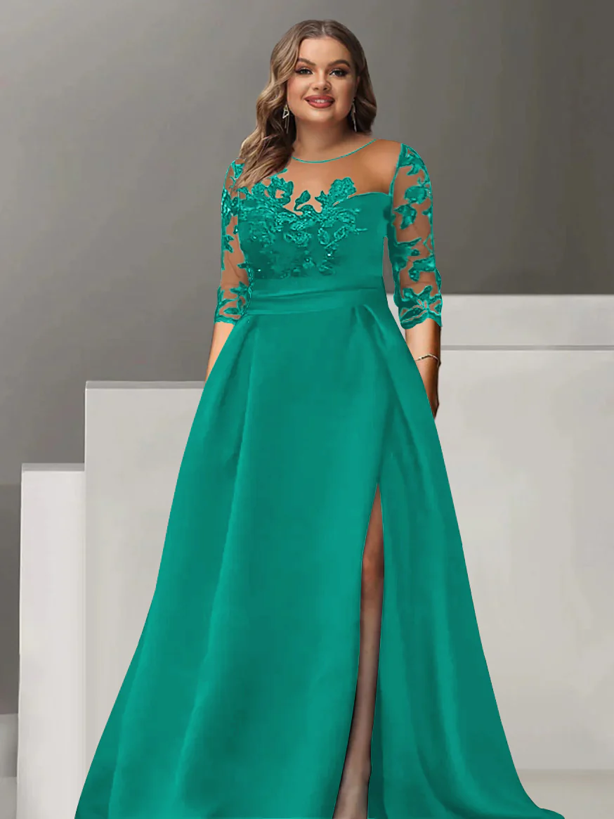 A-Line/Princess Sweetheart 3/4 Sleeves Floor-Length Plus Size Mother Of The Bride Dresses With Lace & Split Side - Image 38