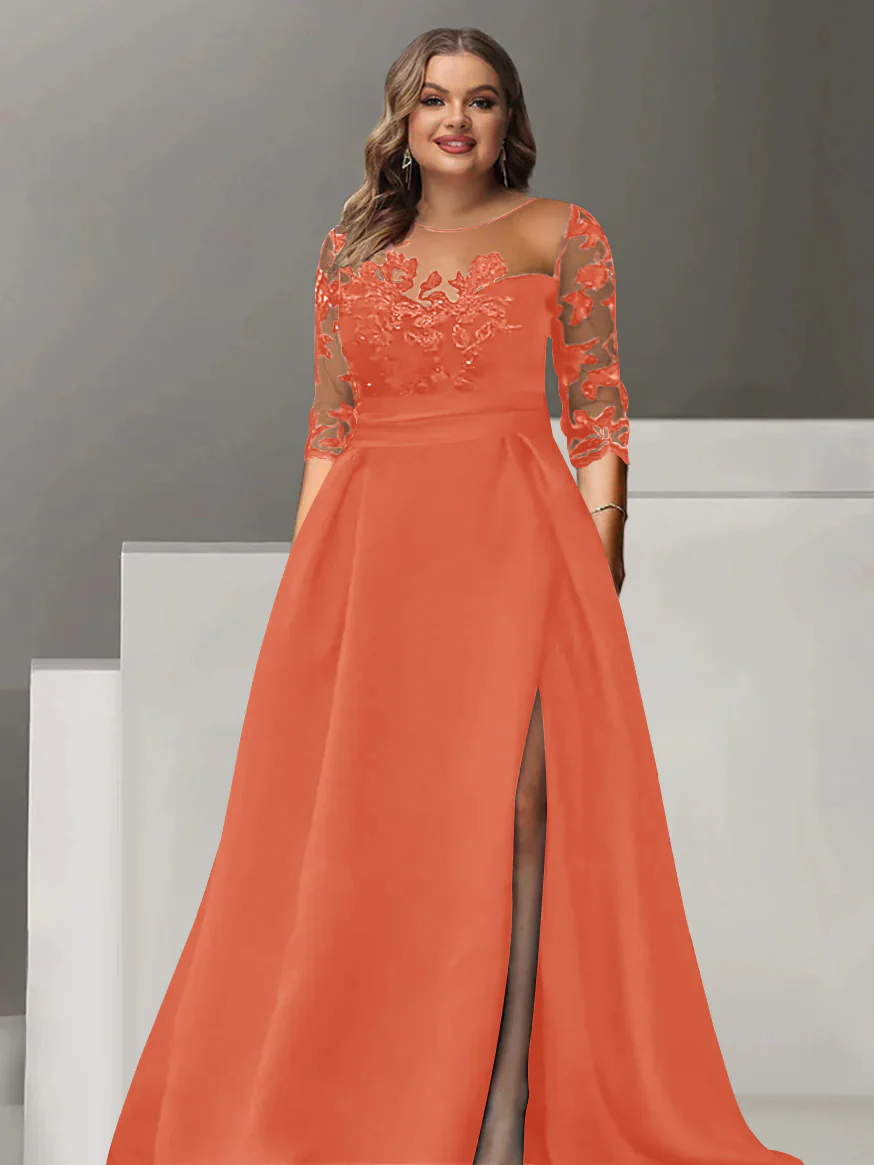 A-Line/Princess Sweetheart 3/4 Sleeves Floor-Length Plus Size Mother Of The Bride Dresses With Lace & Split Side - Image 45