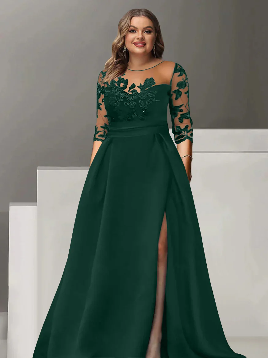 A-Line/Princess Sweetheart 3/4 Sleeves Floor-Length Plus Size Mother Of The Bride Dresses With Lace & Split Side - Image 9