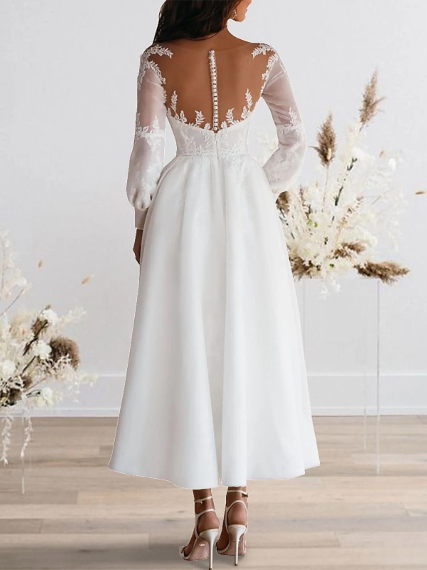 A-Line/Princess Sweetheart Long Sleeves Ankle Length Lace Wedding Dress - Image 2