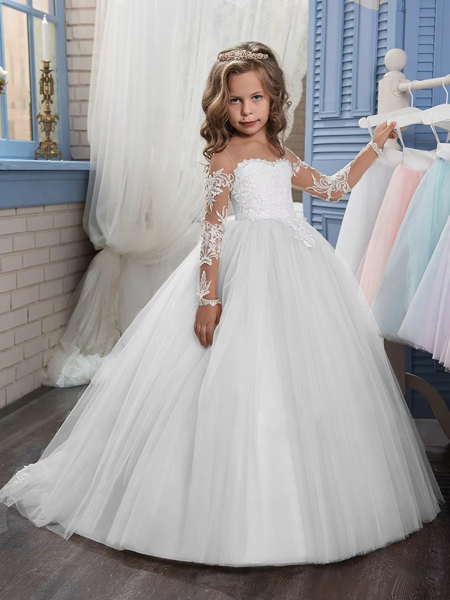 A-Line/Princess Sweetheart Long Sleeves Flower Girl Dresses with Appliques - Image 2
