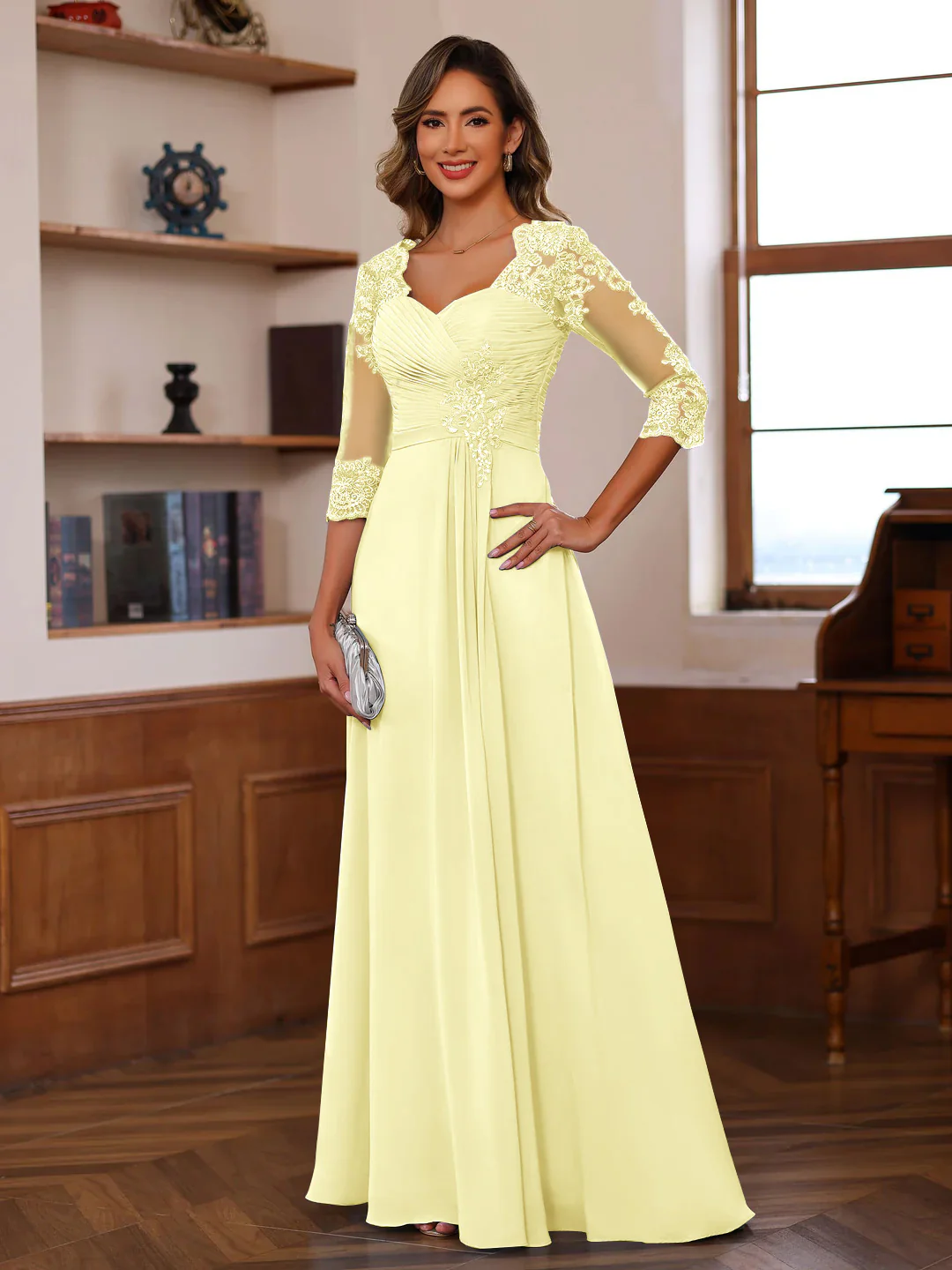 A-Line/Princess Sweetheart Neck 3/4 Length Sleeves Floor-Length Mother Of The Bride Dresses With Lace, Ruffles & Appliques - Image 11