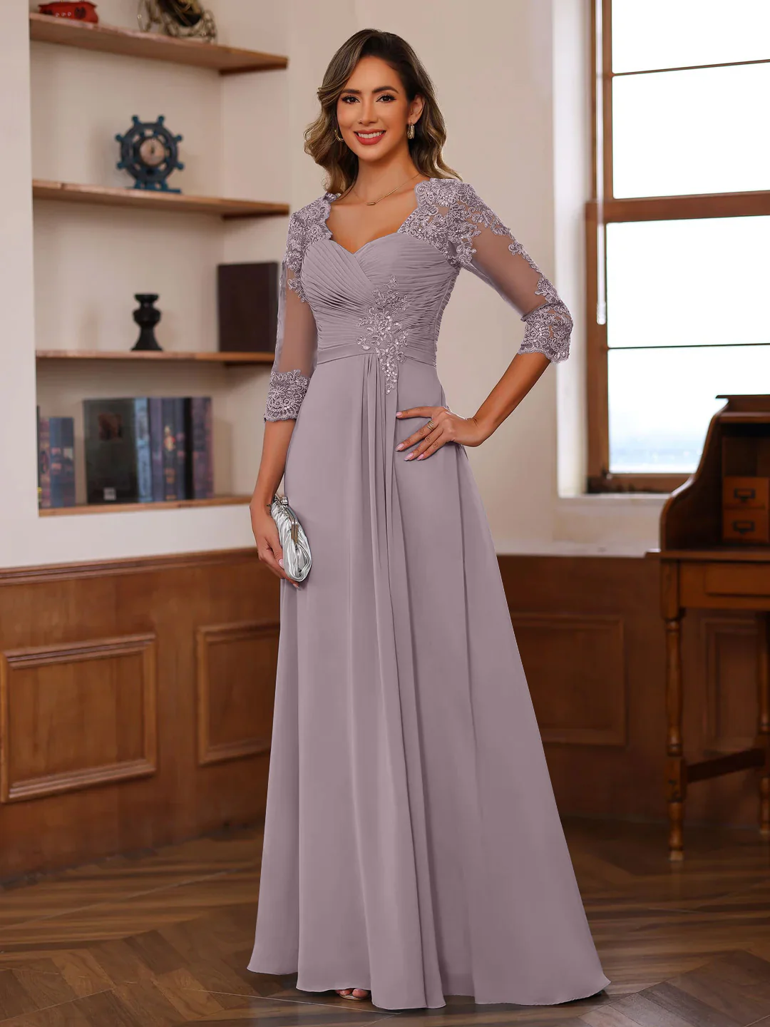 A-Line/Princess Sweetheart Neck 3/4 Length Sleeves Floor-Length Mother Of The Bride Dresses With Lace, Ruffles & Appliques - Image 13