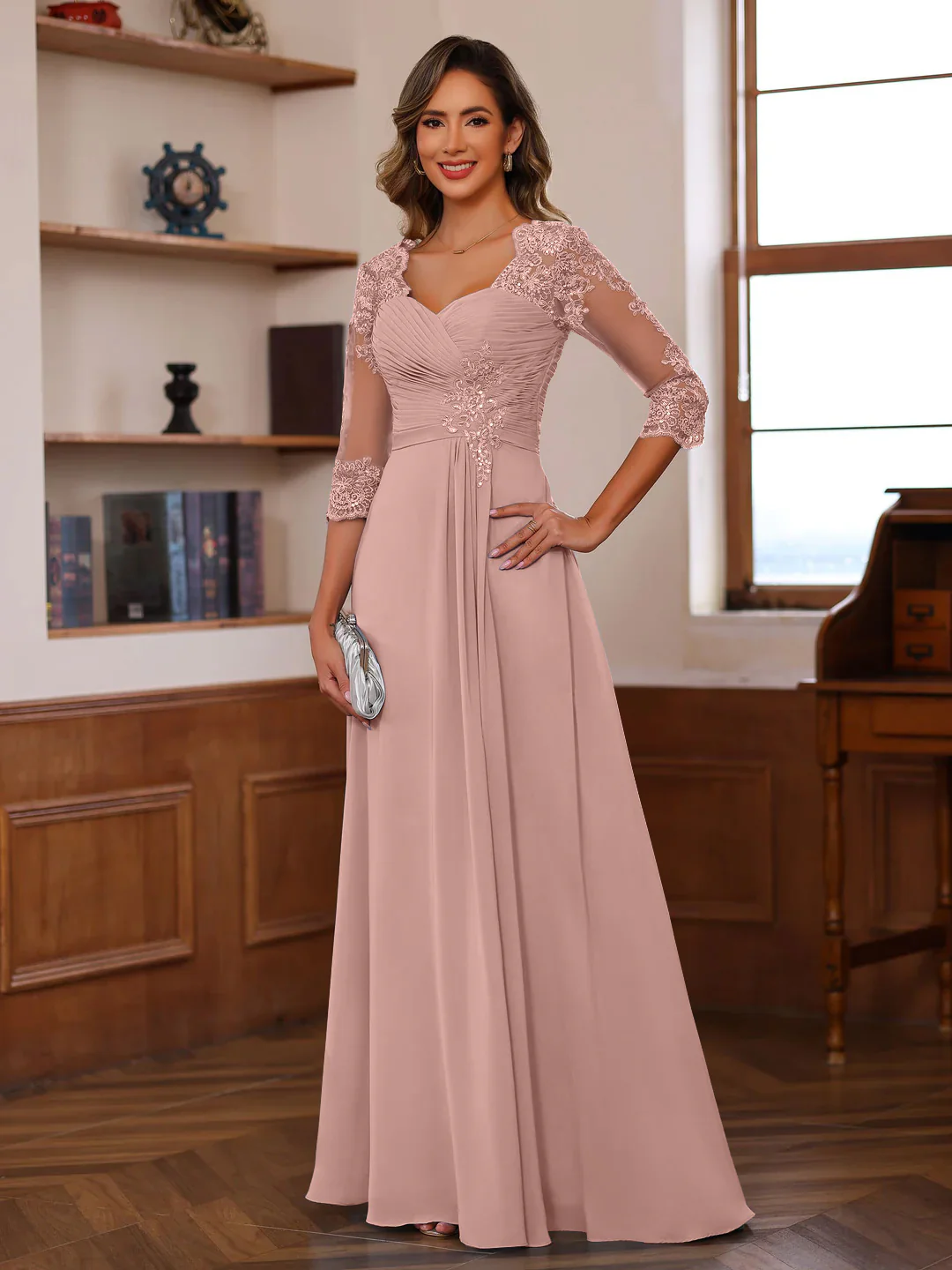 A-Line/Princess Sweetheart Neck 3/4 Length Sleeves Floor-Length Mother Of The Bride Dresses With Lace, Ruffles & Appliques - Image 14