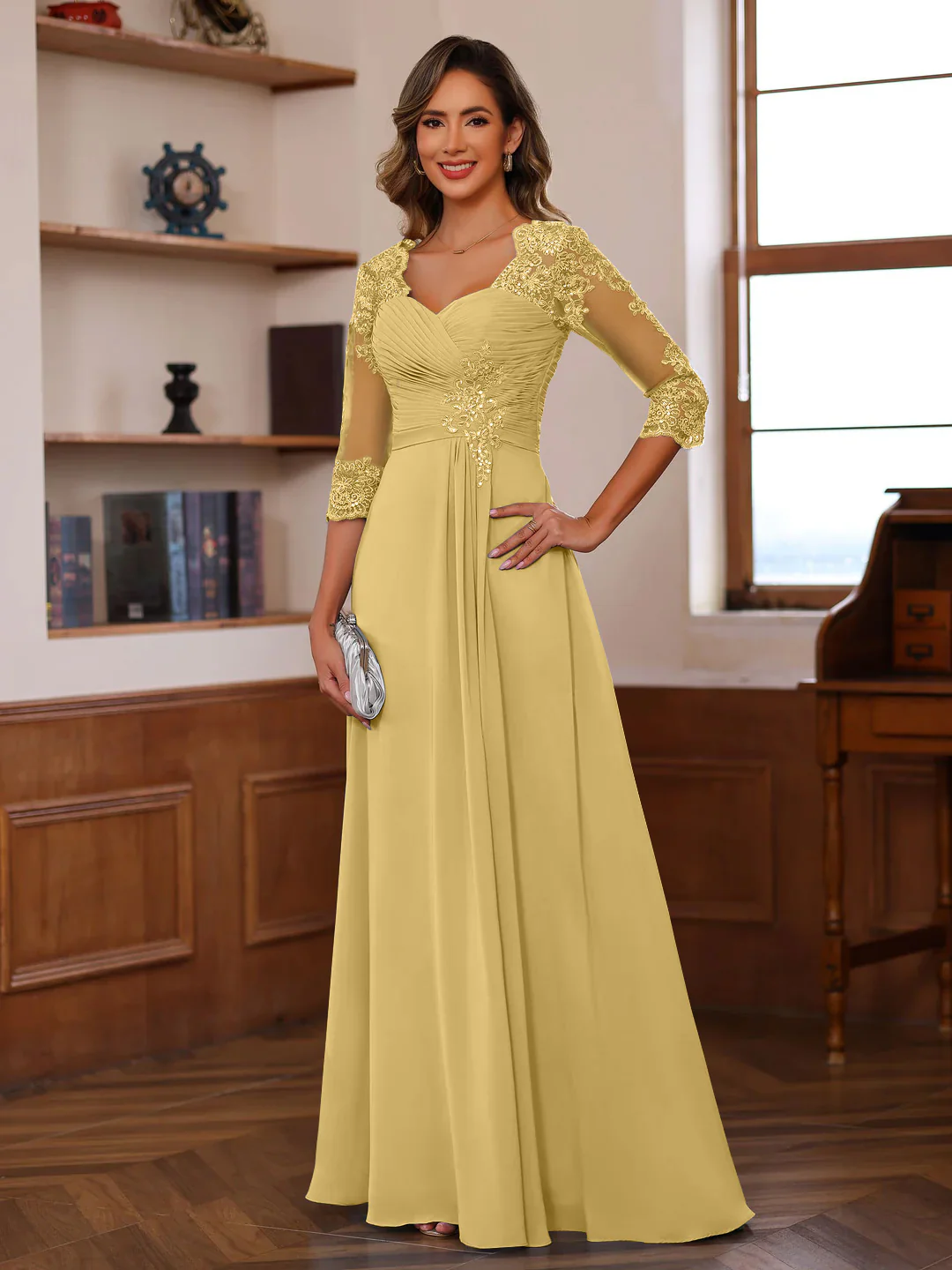 A-Line/Princess Sweetheart Neck 3/4 Length Sleeves Floor-Length Mother Of The Bride Dresses With Lace, Ruffles & Appliques - Image 15