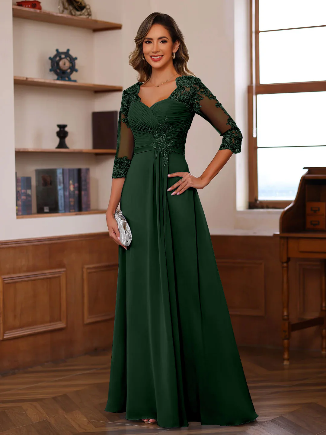 A-Line/Princess Sweetheart Neck 3/4 Length Sleeves Floor-Length Mother Of The Bride Dresses With Lace, Ruffles & Appliques - Image 16