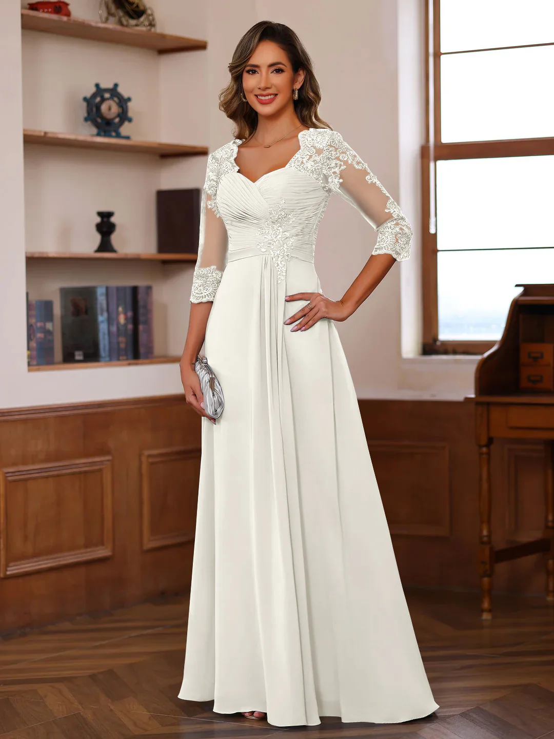A-Line/Princess Sweetheart Neck 3/4 Length Sleeves Floor-Length Mother Of The Bride Dresses With Lace, Ruffles & Appliques - Image 17