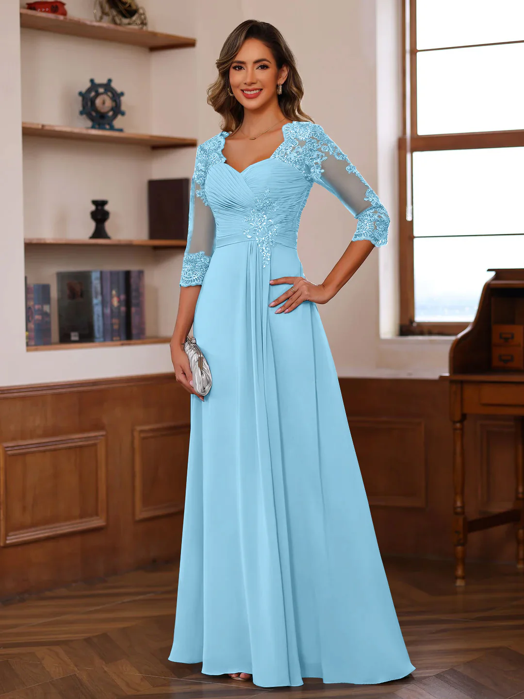 A-Line/Princess Sweetheart Neck 3/4 Length Sleeves Floor-Length Mother Of The Bride Dresses With Lace, Ruffles & Appliques - Image 18