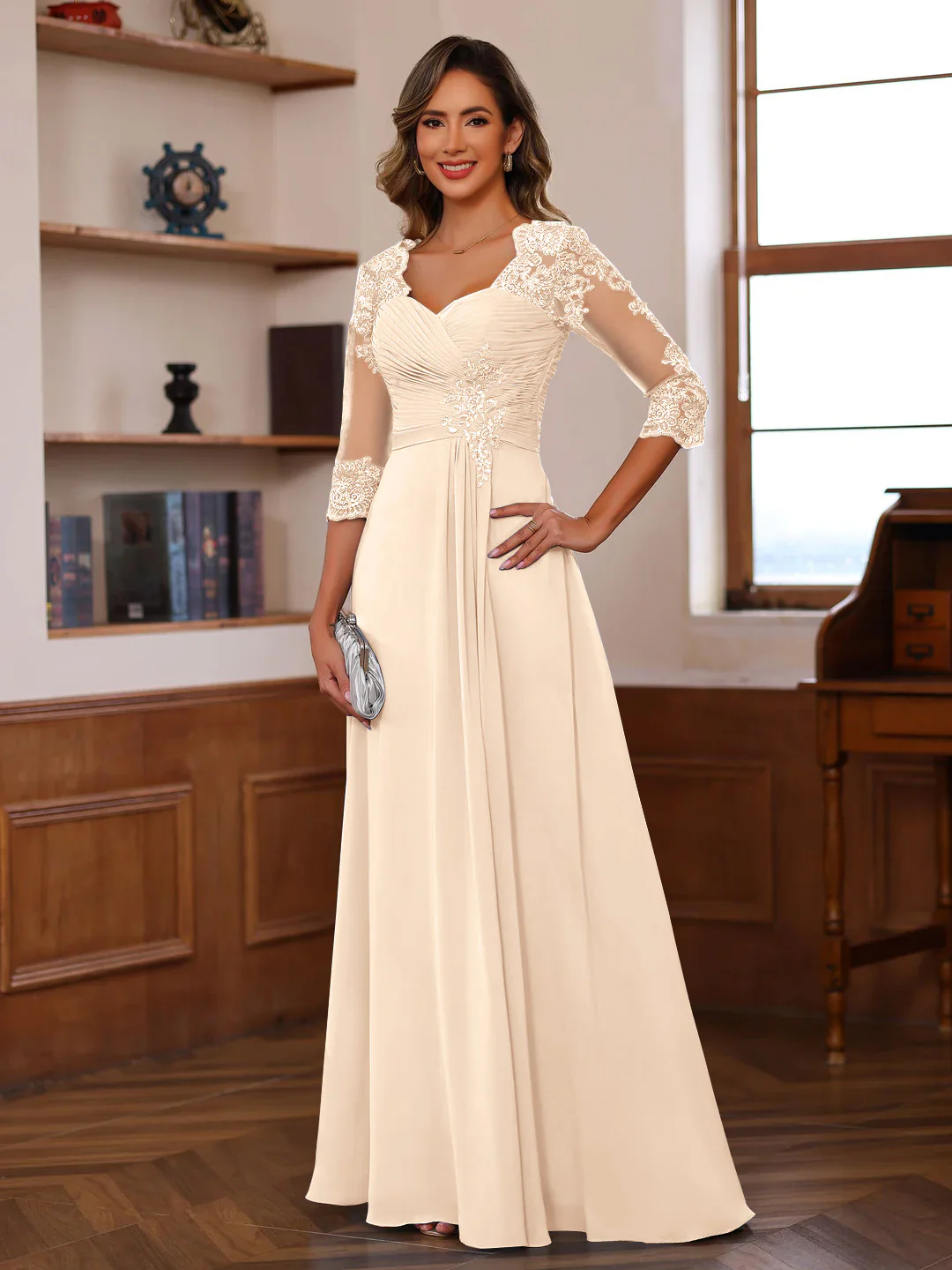 A-Line/Princess Sweetheart Neck 3/4 Length Sleeves Floor-Length Mother Of The Bride Dresses With Lace, Ruffles & Appliques - Image 19