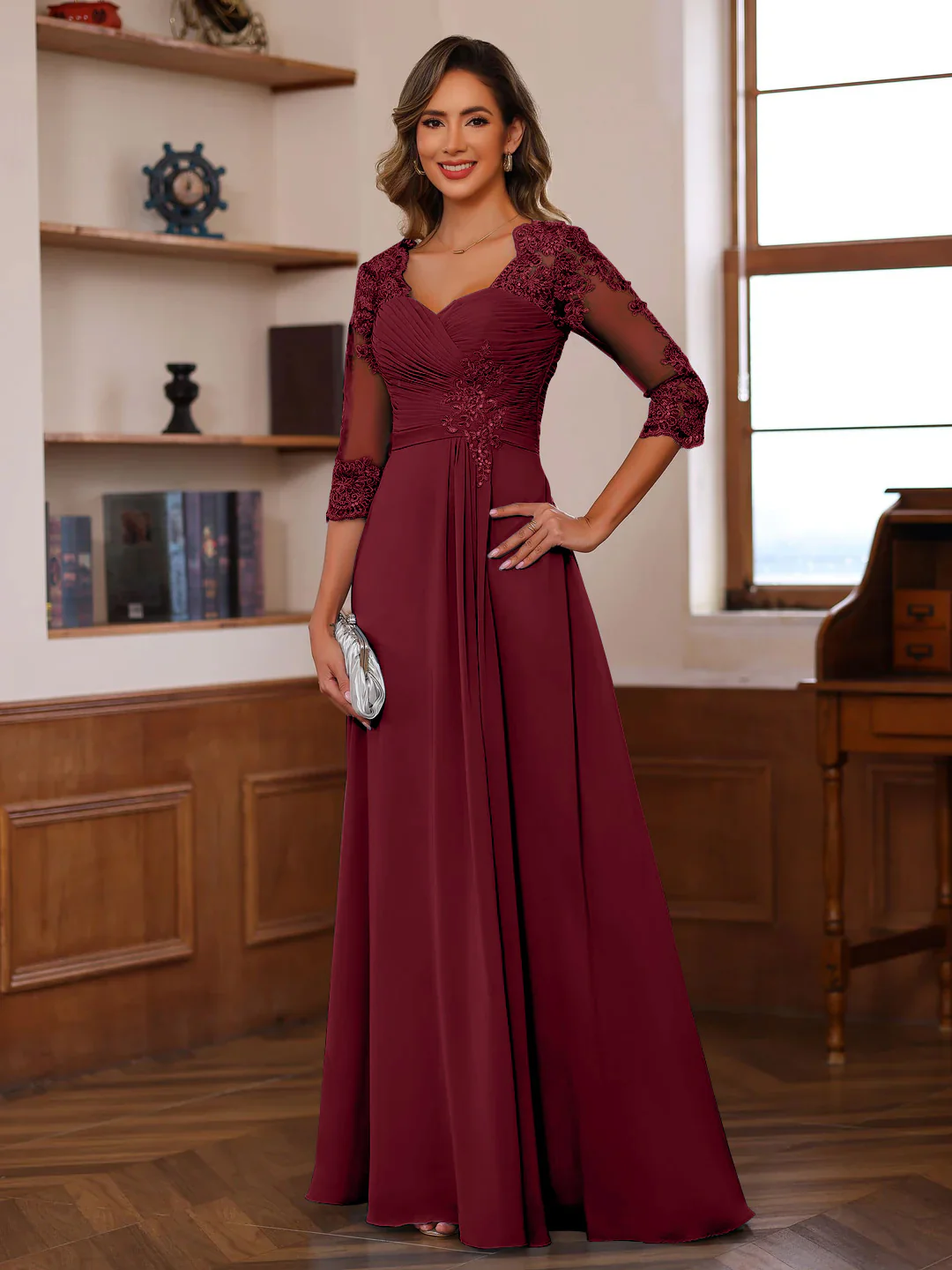 A-Line/Princess Sweetheart Neck 3/4 Length Sleeves Floor-Length Mother Of The Bride Dresses With Lace, Ruffles & Appliques - Image 20