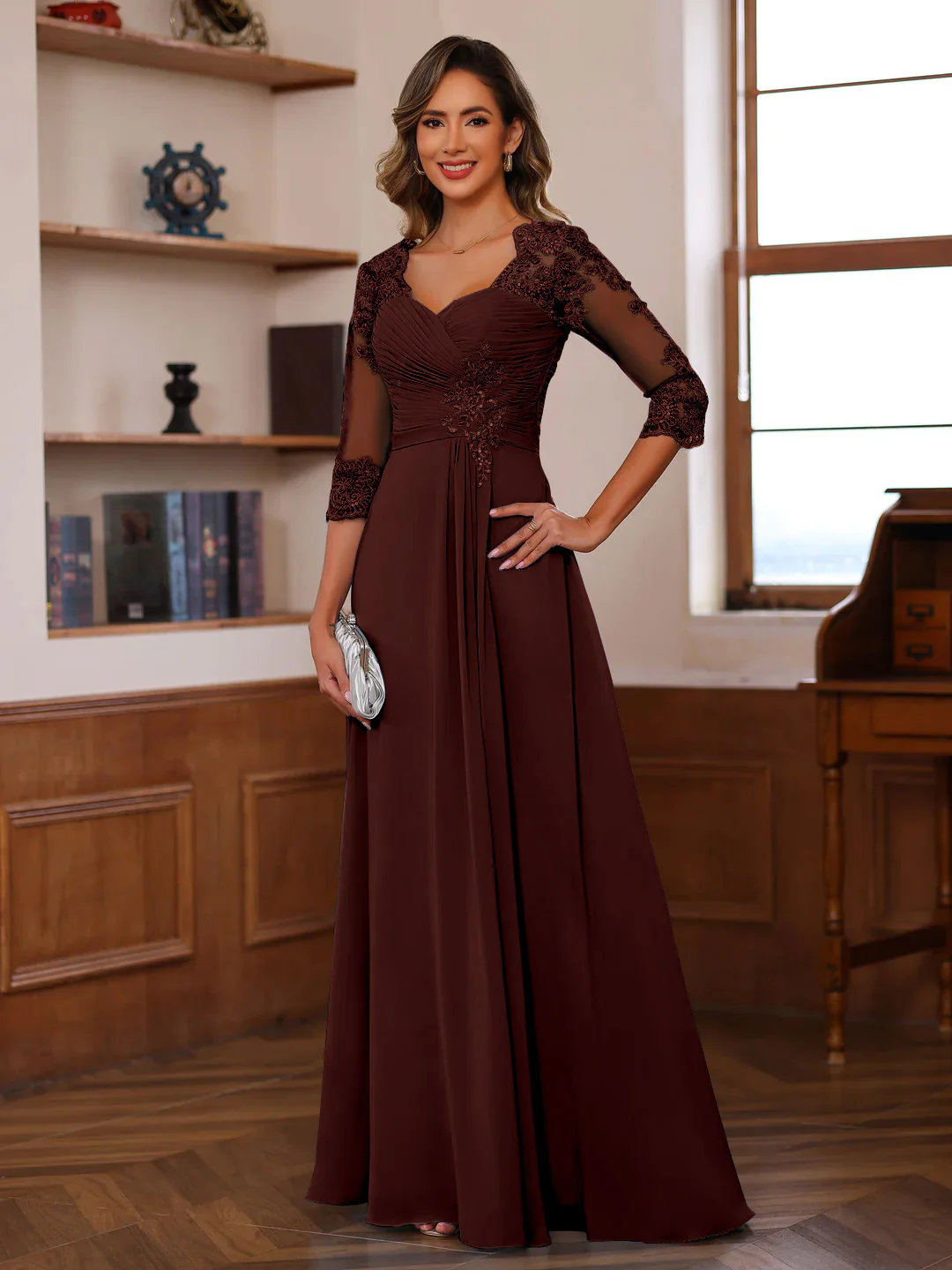 A-Line/Princess Sweetheart Neck 3/4 Length Sleeves Floor-Length Mother Of The Bride Dresses With Lace, Ruffles & Appliques - Image 21