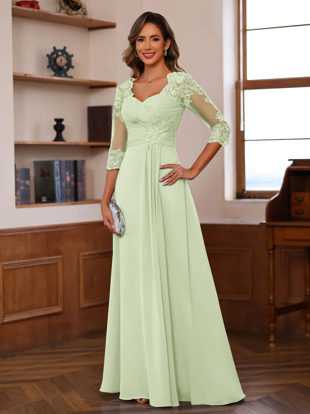 A-Line/Princess Sweetheart Neck 3/4 Length Sleeves Floor-Length Mother Of The Bride Dresses With Lace, Ruffles & Appliques - Image 23