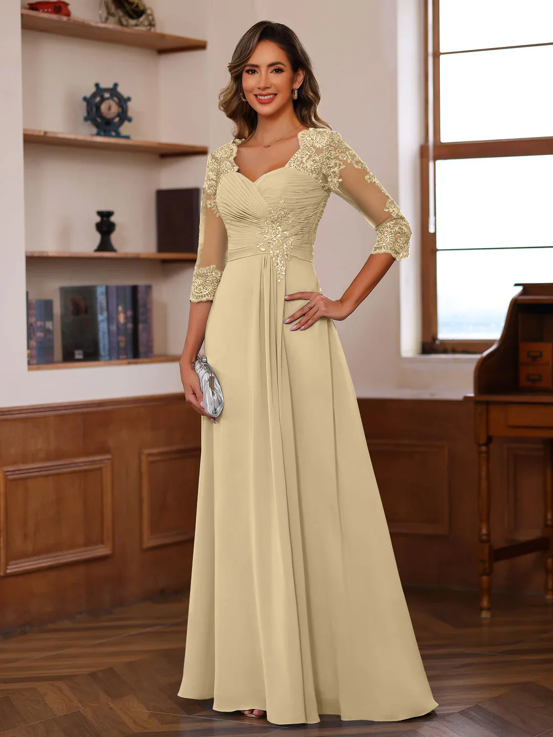 A-Line/Princess Sweetheart Neck 3/4 Length Sleeves Floor-Length Mother Of The Bride Dresses With Lace, Ruffles & Appliques - Image 24