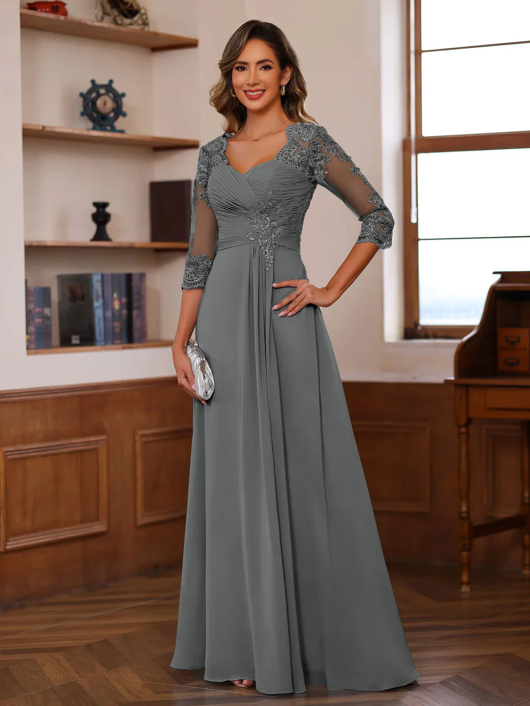 A-Line/Princess Sweetheart Neck 3/4 Length Sleeves Floor-Length Mother Of The Bride Dresses With Lace, Ruffles & Appliques - Image 25