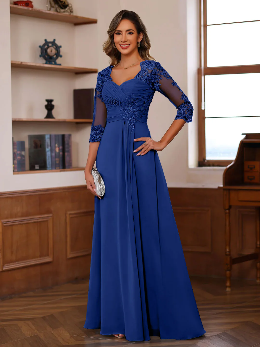 A-Line/Princess Sweetheart Neck 3/4 Length Sleeves Floor-Length Mother Of The Bride Dresses With Lace, Ruffles & Appliques - Image 27