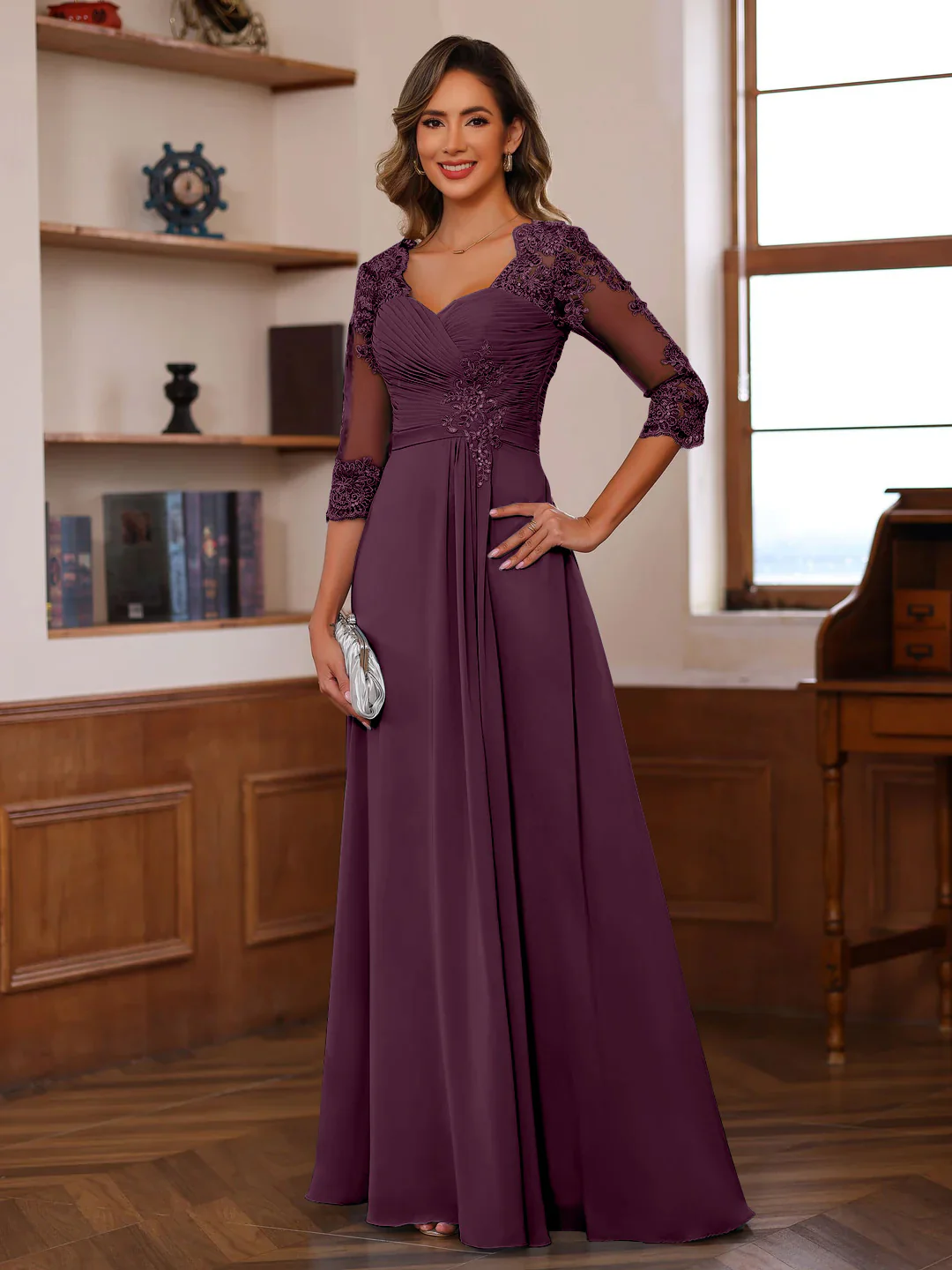 A-Line/Princess Sweetheart Neck 3/4 Length Sleeves Floor-Length Mother Of The Bride Dresses With Lace, Ruffles & Appliques - Image 29