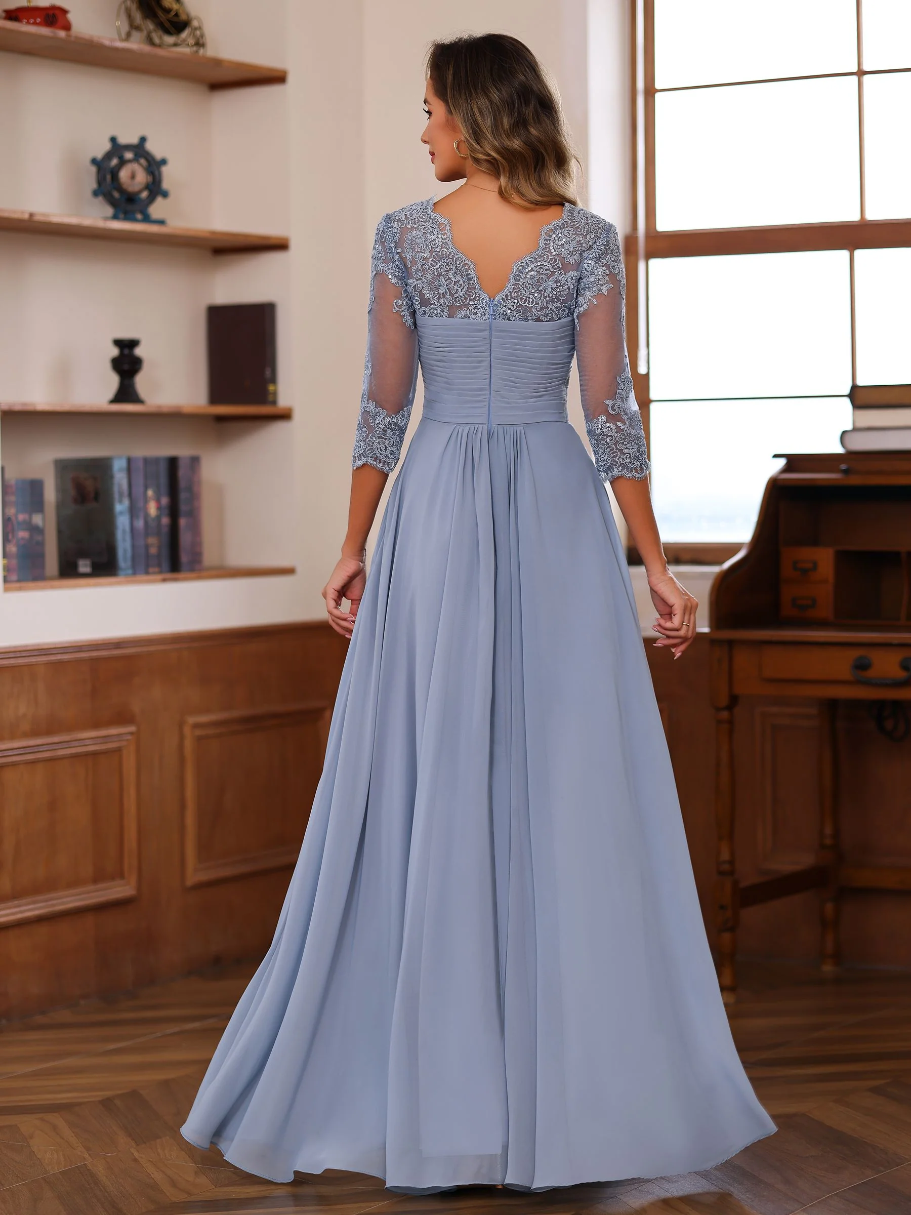 A-Line/Princess Sweetheart Neck 3/4 Length Sleeves Floor-Length Mother Of The Bride Dresses With Lace, Ruffles & Appliques - Image 3