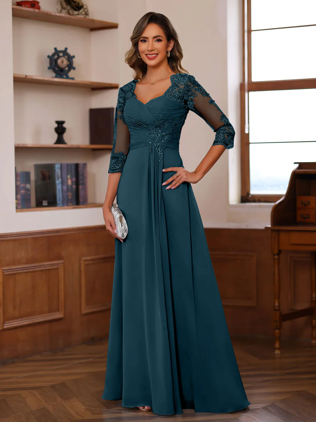 A-Line/Princess Sweetheart Neck 3/4 Length Sleeves Floor-Length Mother Of The Bride Dresses With Lace, Ruffles & Appliques - Image 30