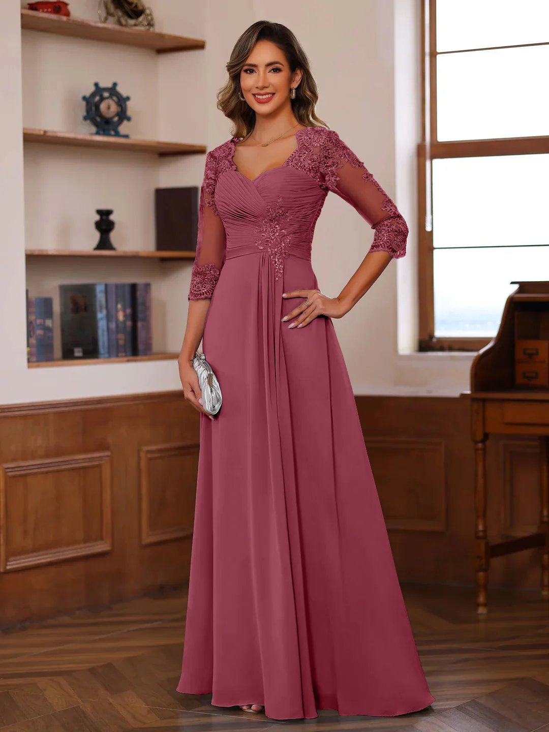 A-Line/Princess Sweetheart Neck 3/4 Length Sleeves Floor-Length Mother Of The Bride Dresses With Lace, Ruffles & Appliques - Image 34