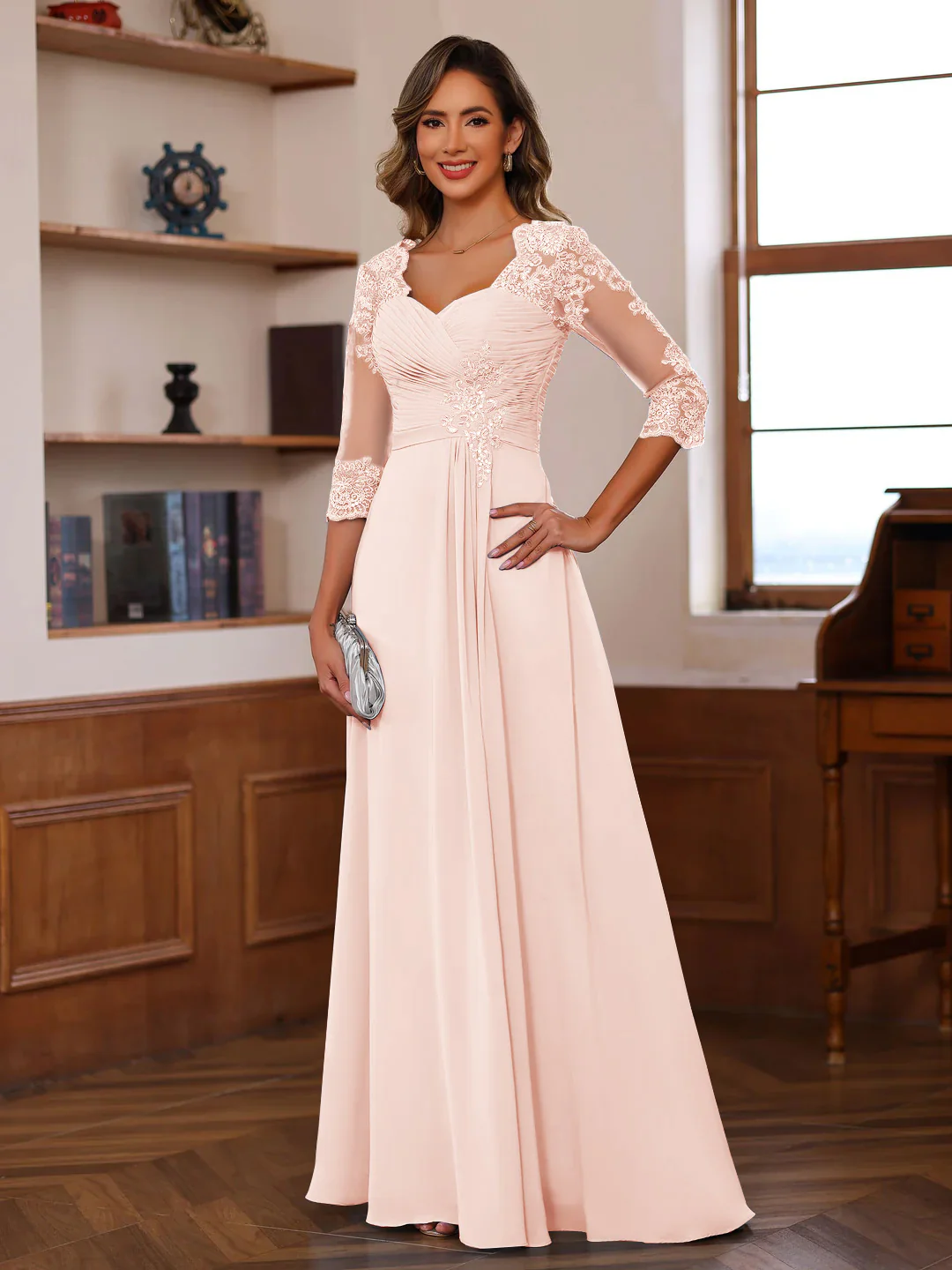 A-Line/Princess Sweetheart Neck 3/4 Length Sleeves Floor-Length Mother Of The Bride Dresses With Lace, Ruffles & Appliques - Image 39