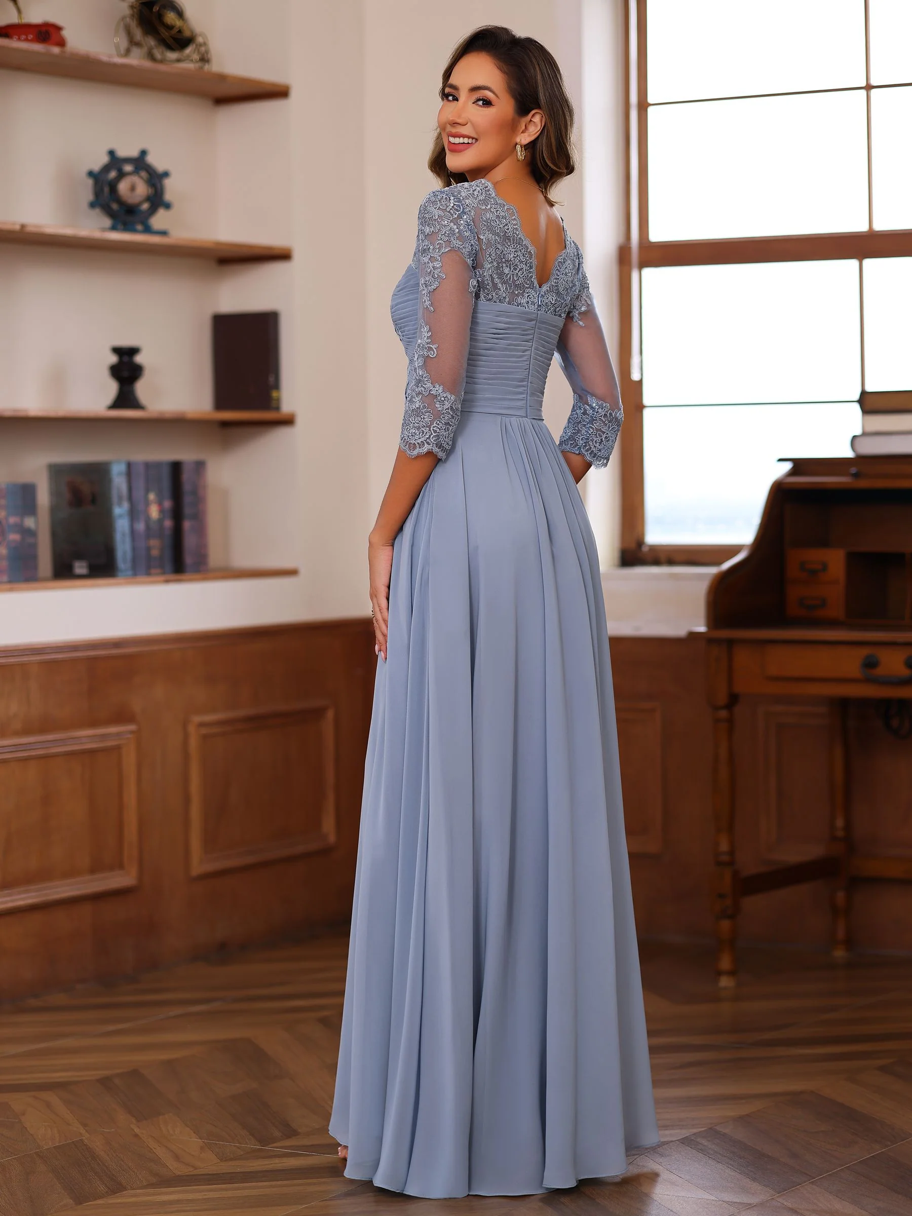 A-Line/Princess Sweetheart Neck 3/4 Length Sleeves Floor-Length Mother Of The Bride Dresses With Lace, Ruffles & Appliques - Image 4