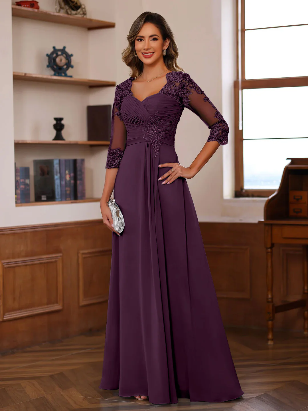 A-Line/Princess Sweetheart Neck 3/4 Length Sleeves Floor-Length Mother Of The Bride Dresses With Lace, Ruffles & Appliques - Image 40