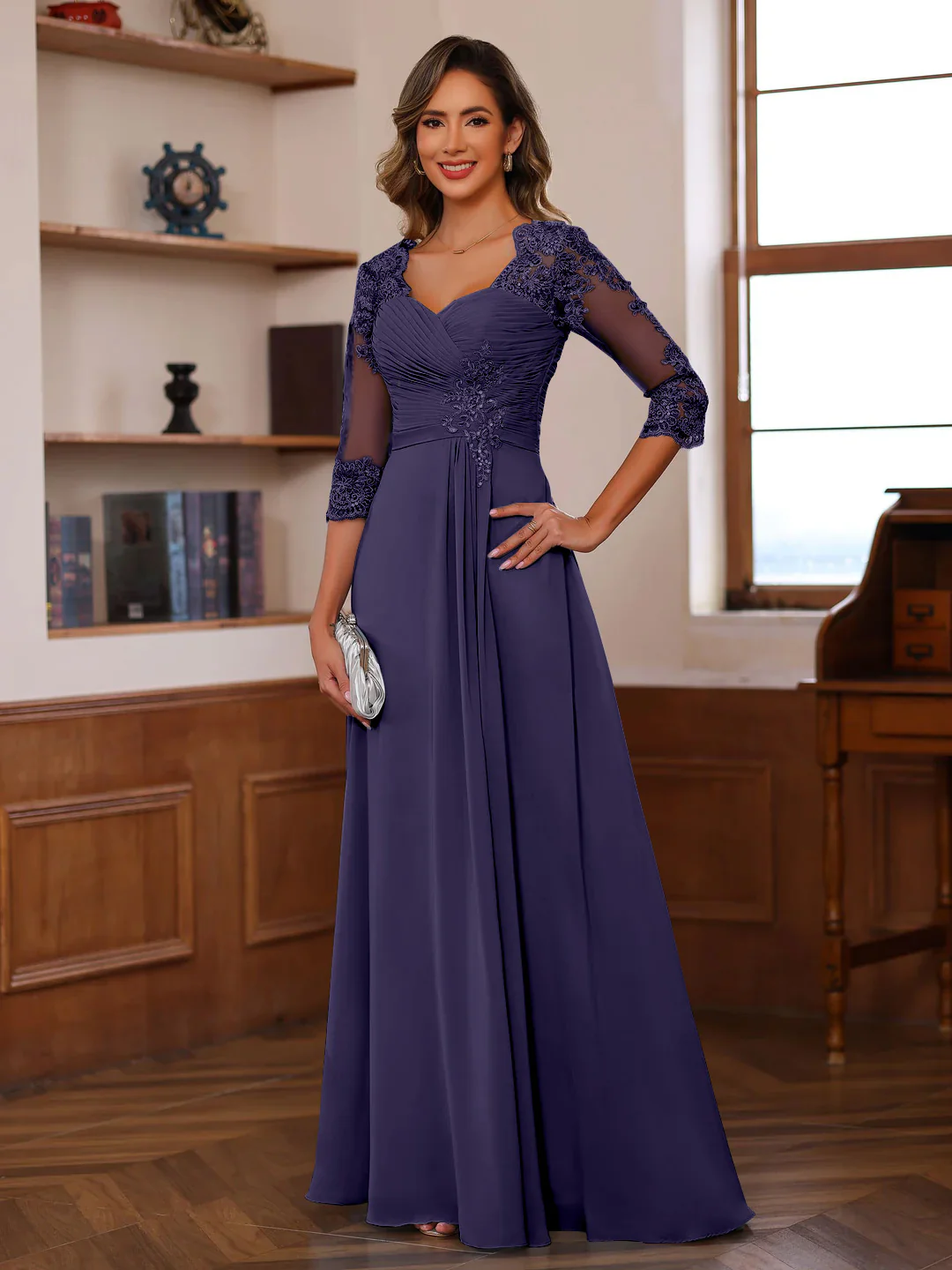 A-Line/Princess Sweetheart Neck 3/4 Length Sleeves Floor-Length Mother Of The Bride Dresses With Lace, Ruffles & Appliques - Image 41