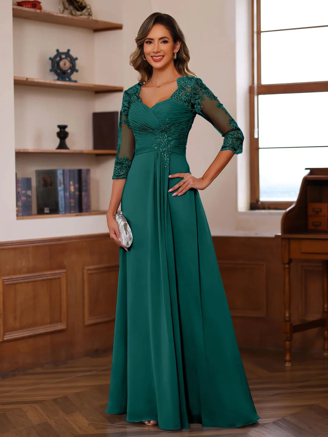 A-Line/Princess Sweetheart Neck 3/4 Length Sleeves Floor-Length Mother Of The Bride Dresses With Lace, Ruffles & Appliques - Image 42