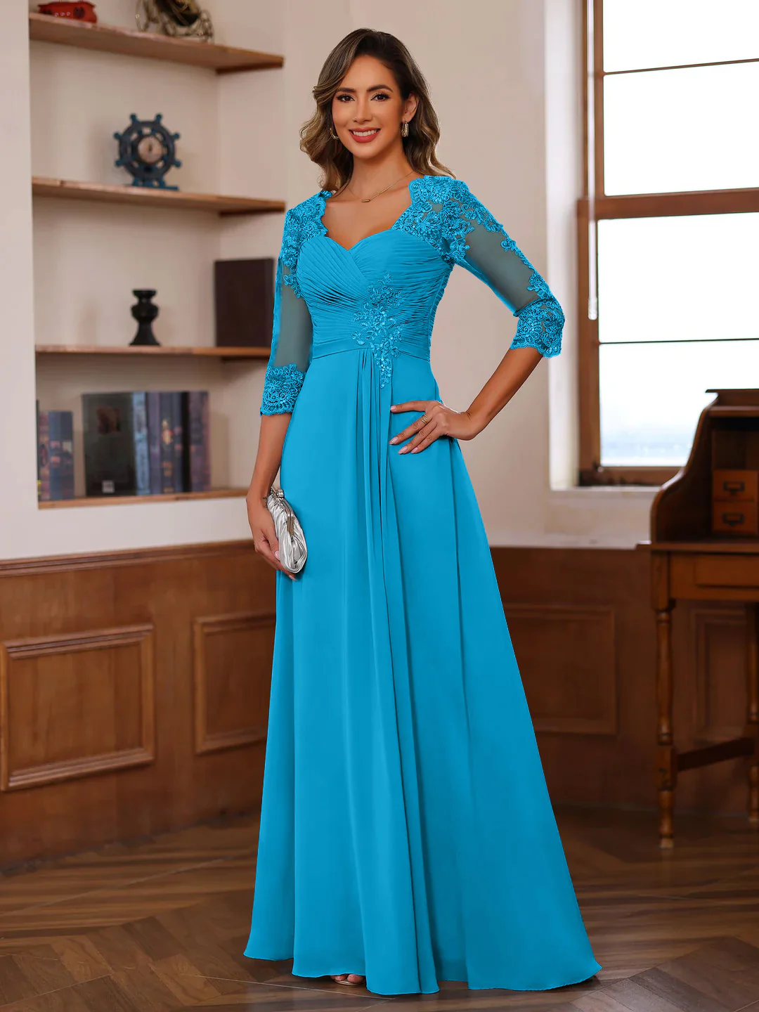 A-Line/Princess Sweetheart Neck 3/4 Length Sleeves Floor-Length Mother Of The Bride Dresses With Lace, Ruffles & Appliques - Image 43
