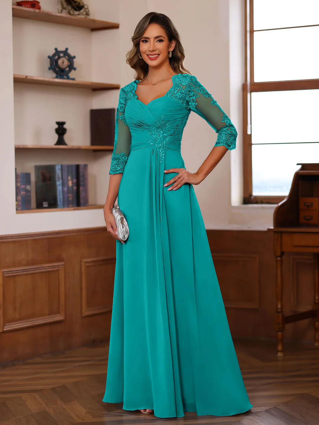 A-Line/Princess Sweetheart Neck 3/4 Length Sleeves Floor-Length Mother Of The Bride Dresses With Lace, Ruffles & Appliques - Image 44