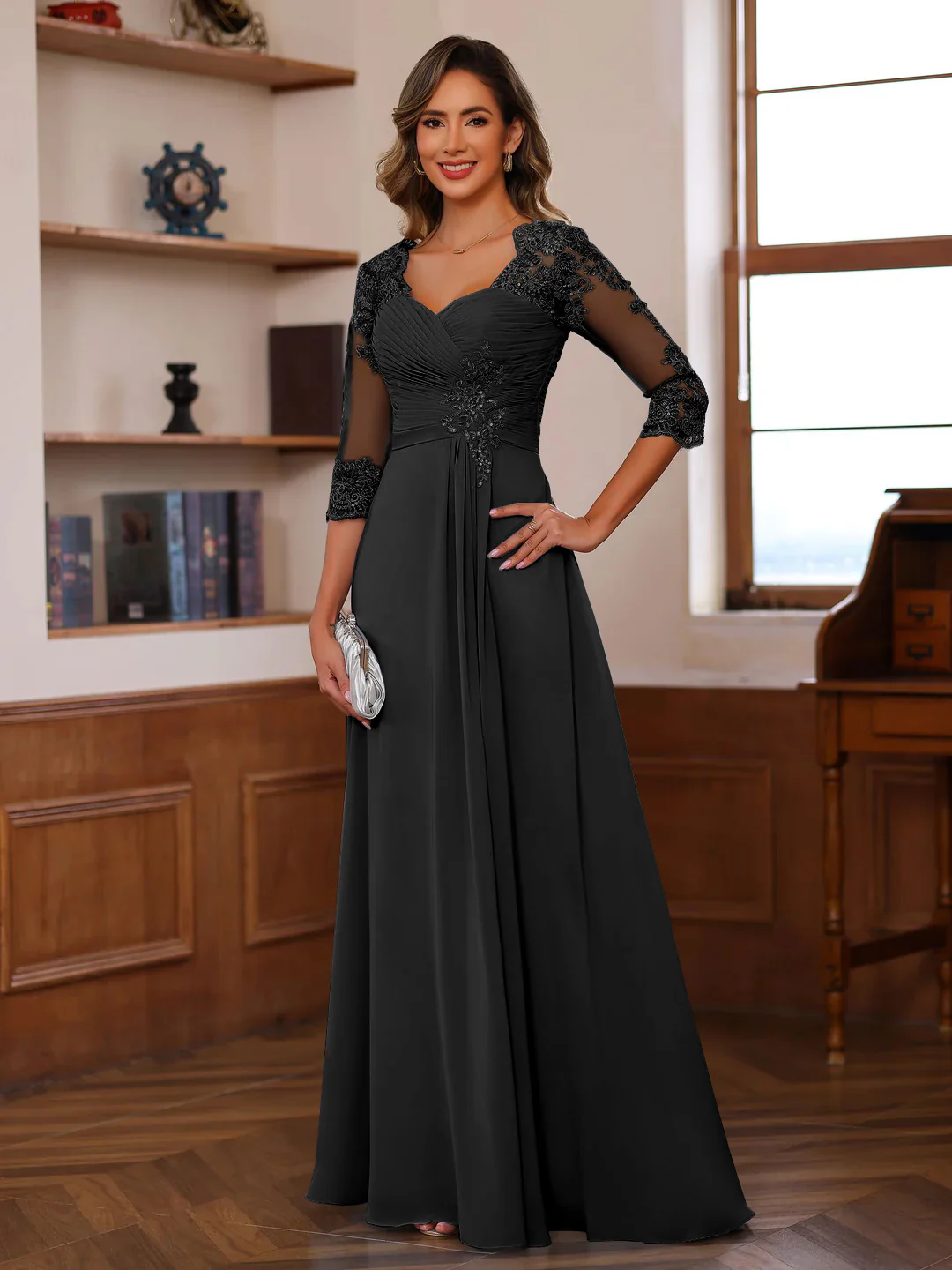 A-Line/Princess Sweetheart Neck 3/4 Length Sleeves Floor-Length Mother Of The Bride Dresses With Lace, Ruffles & Appliques - Image 47