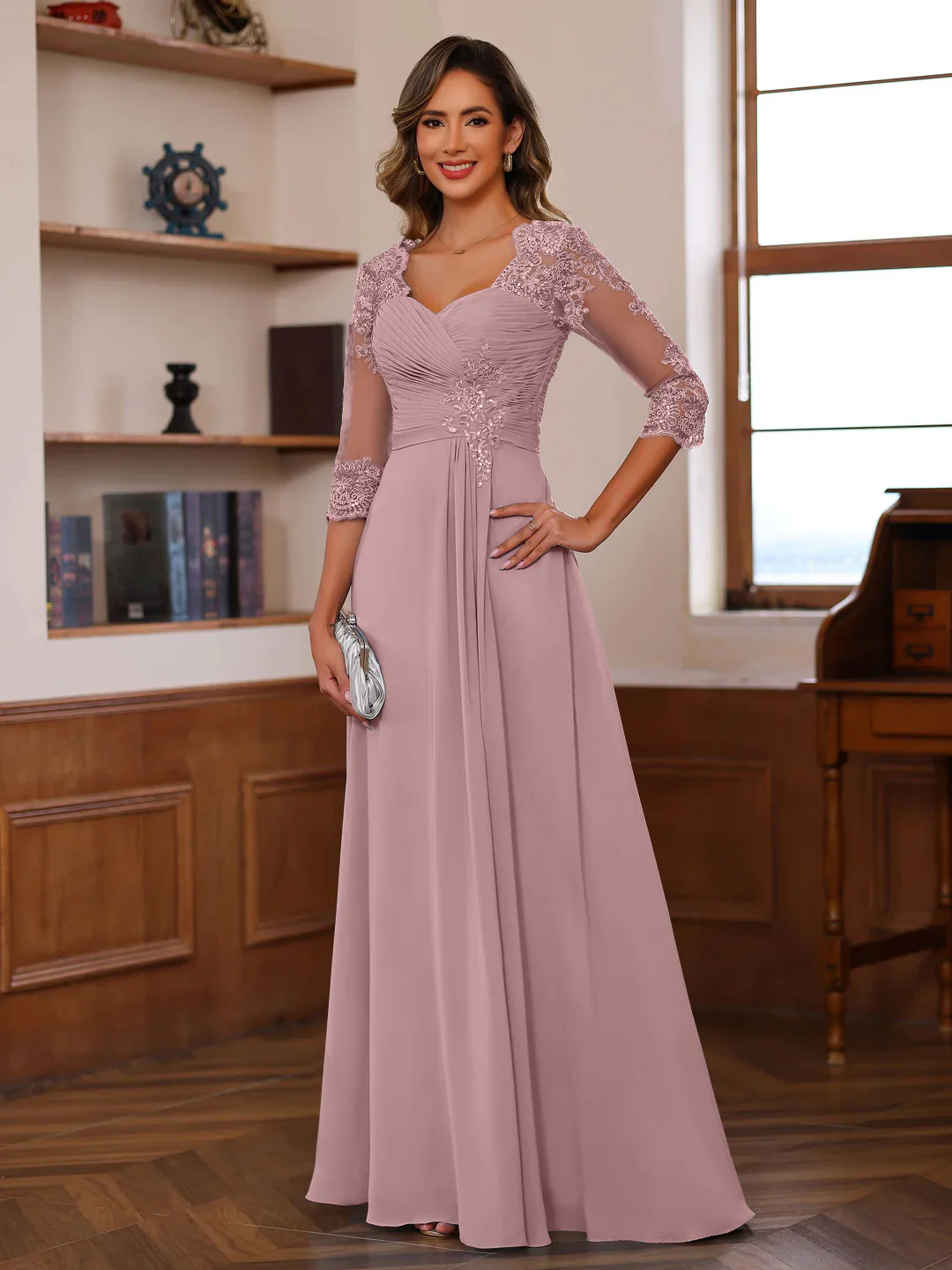 A-Line/Princess Sweetheart Neck 3/4 Length Sleeves Floor-Length Mother Of The Bride Dresses With Lace, Ruffles & Appliques - Image 48
