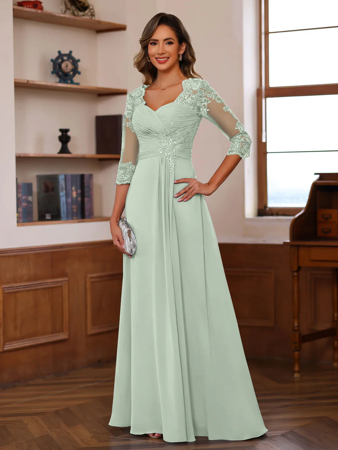 A-Line/Princess Sweetheart Neck 3/4 Length Sleeves Floor-Length Mother Of The Bride Dresses With Lace, Ruffles & Appliques - Image 49