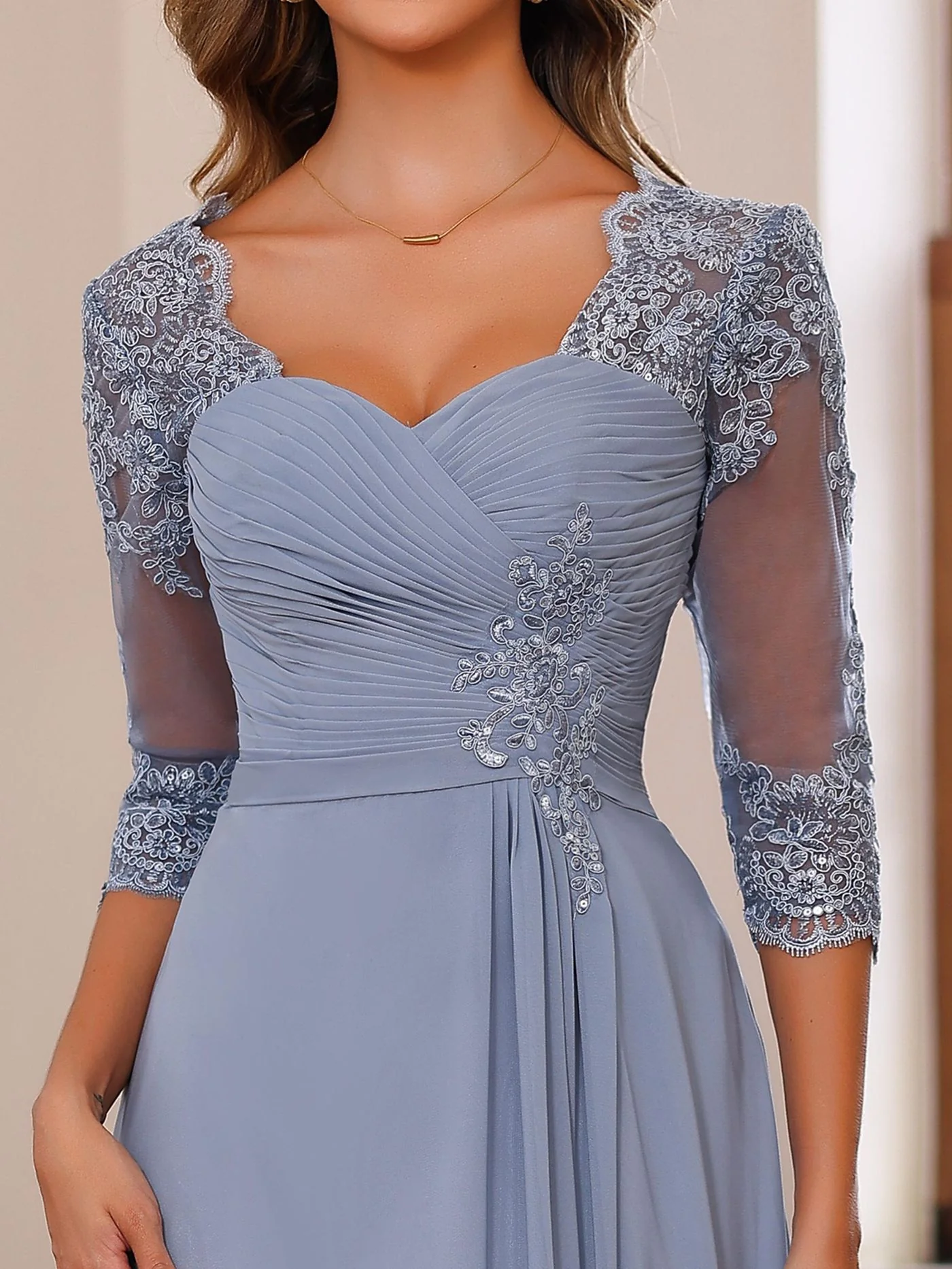 A-Line/Princess Sweetheart Neck 3/4 Length Sleeves Floor-Length Mother Of The Bride Dresses With Lace, Ruffles & Appliques - Image 5