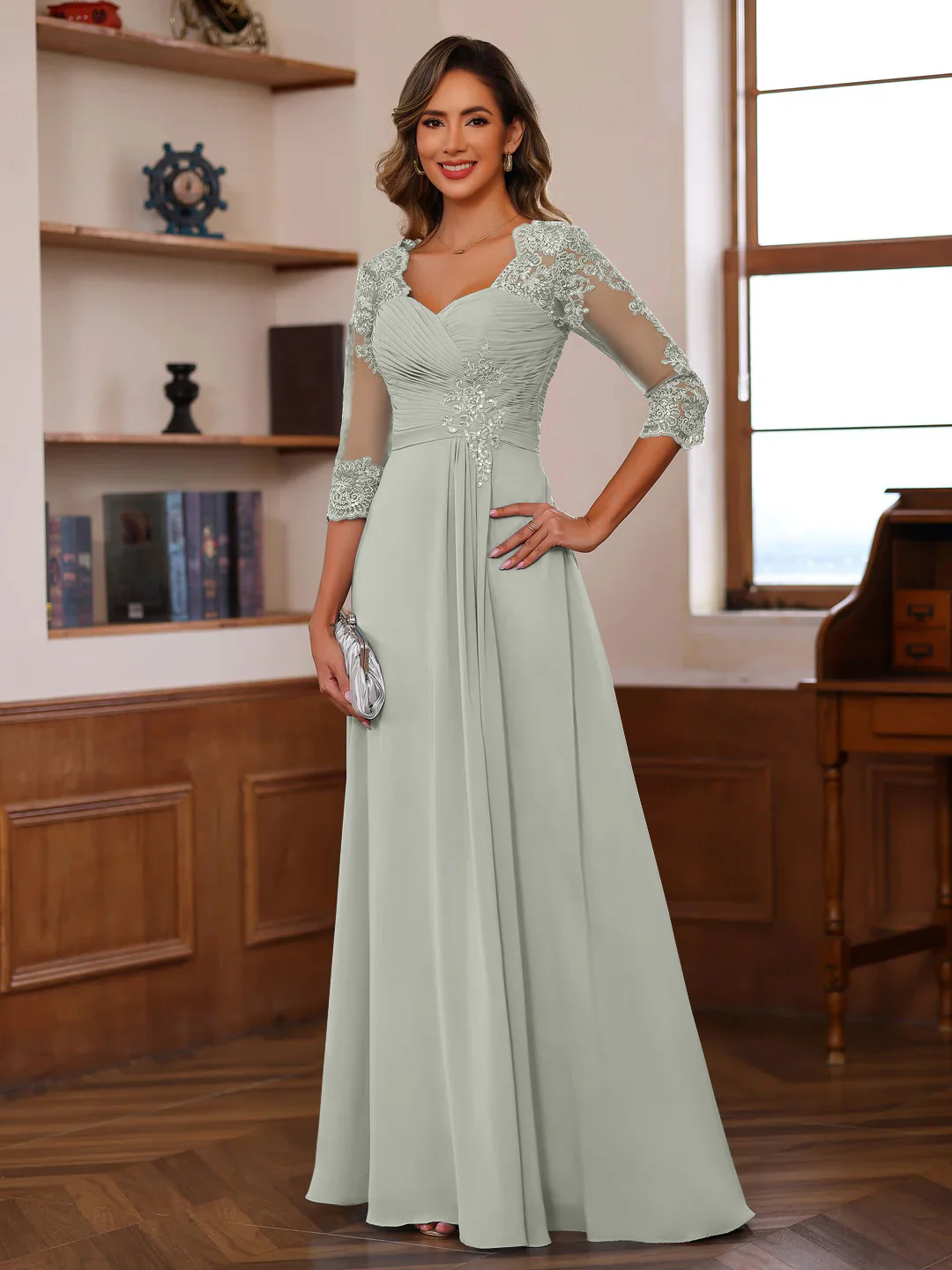 A-Line/Princess Sweetheart Neck 3/4 Length Sleeves Floor-Length Mother Of The Bride Dresses With Lace, Ruffles & Appliques - Image 50