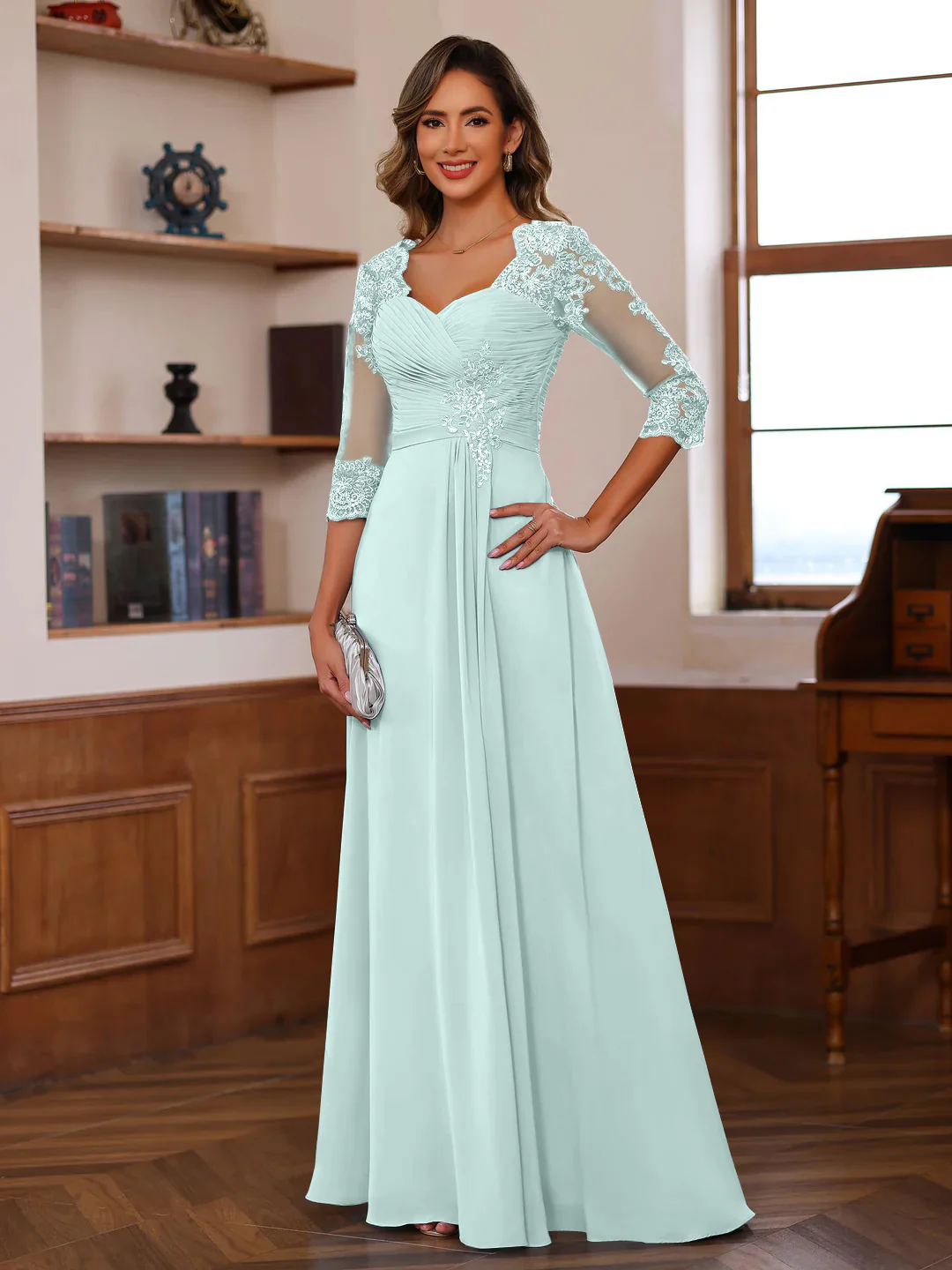 A-Line/Princess Sweetheart Neck 3/4 Length Sleeves Floor-Length Mother Of The Bride Dresses With Lace, Ruffles & Appliques - Image 51