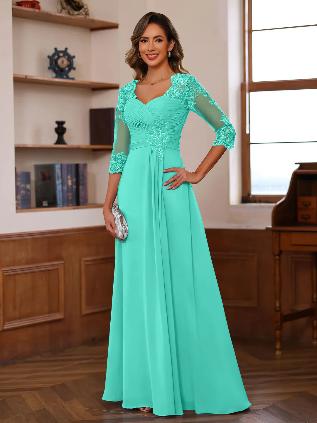 A-Line/Princess Sweetheart Neck 3/4 Length Sleeves Floor-Length Mother Of The Bride Dresses With Lace, Ruffles & Appliques - Image 52
