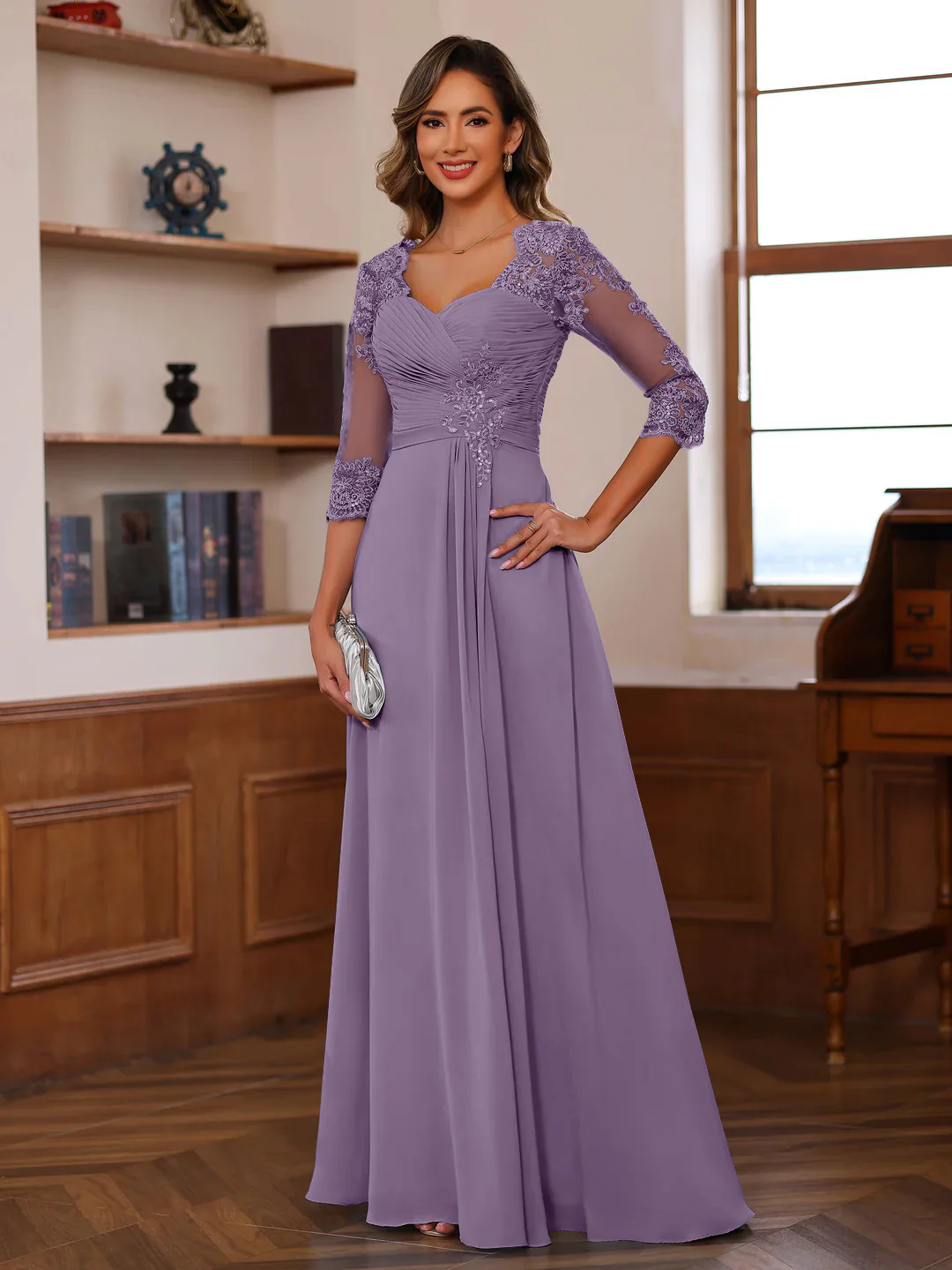 A-Line/Princess Sweetheart Neck 3/4 Length Sleeves Floor-Length Mother Of The Bride Dresses With Lace, Ruffles & Appliques - Image 54