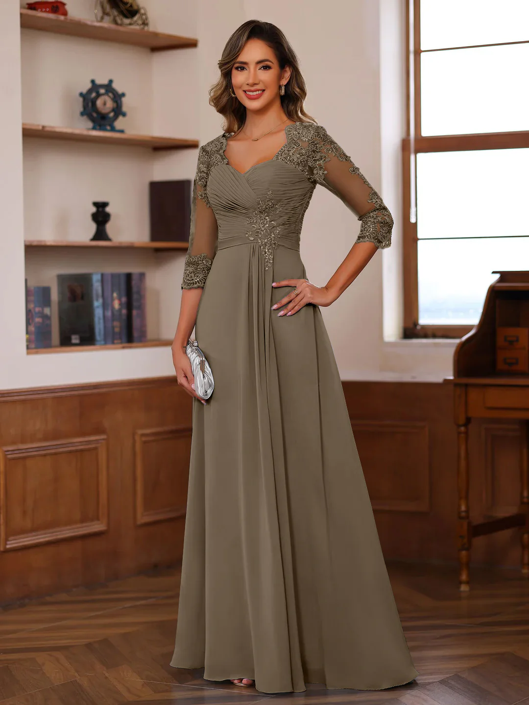 A-Line/Princess Sweetheart Neck 3/4 Length Sleeves Floor-Length Mother Of The Bride Dresses With Lace, Ruffles & Appliques - Image 55