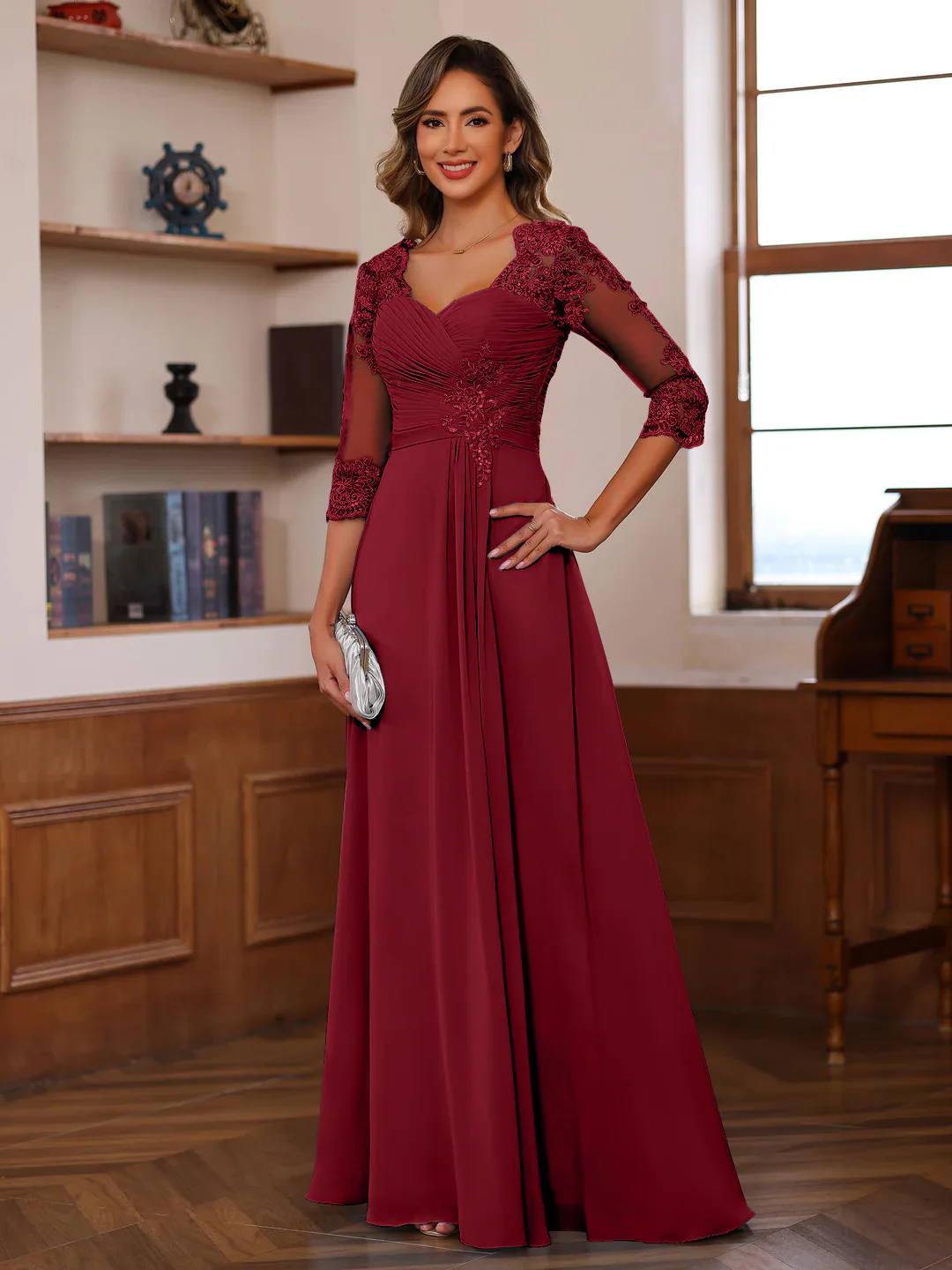 A-Line/Princess Sweetheart Neck 3/4 Length Sleeves Floor-Length Mother Of The Bride Dresses With Lace, Ruffles & Appliques - Image 58
