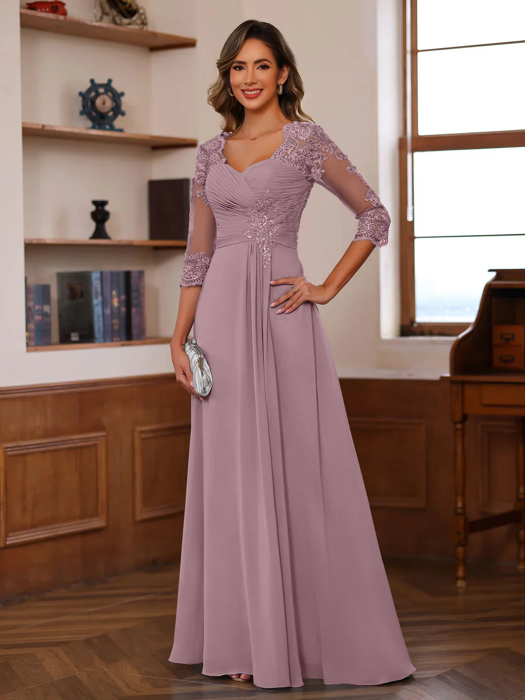 A-Line/Princess Sweetheart Neck 3/4 Length Sleeves Floor-Length Mother Of The Bride Dresses With Lace, Ruffles & Appliques - Image 59